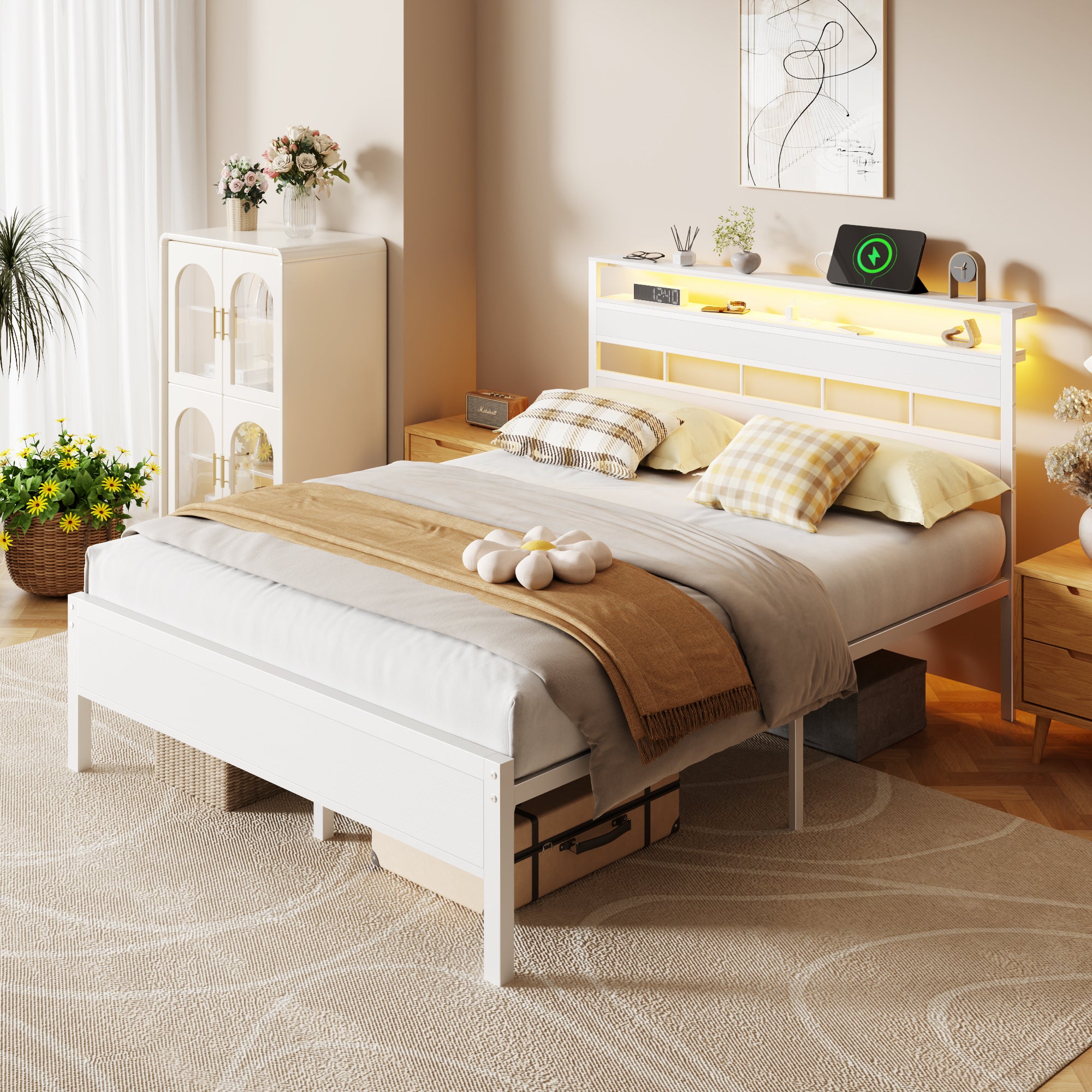 Queen Bed Frame with Storage Headboard and LED Lights Metal Bedframe with Charging Station and USB Port Platform Bed with Heavy Duty Slats White