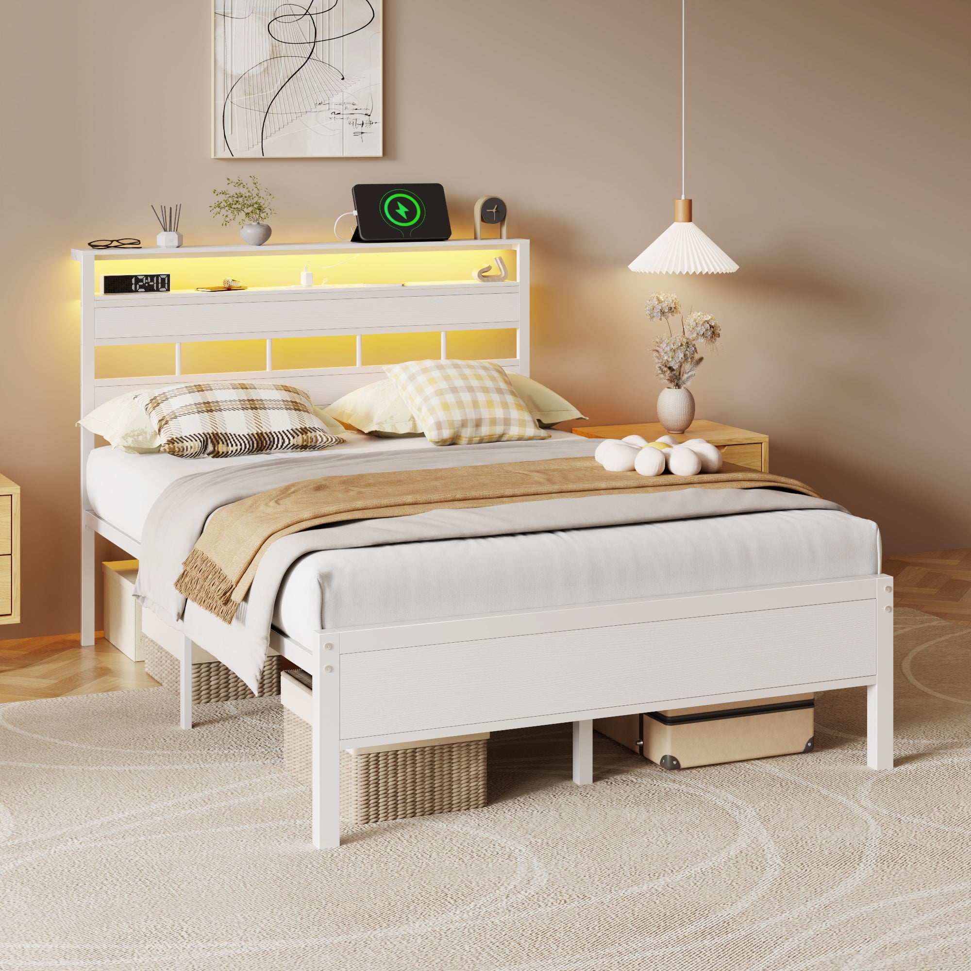 Bed Frame with 2-Tier Shelves Charging Station Full Size Bed LED Lights Metal Slats Wood Headboard No Box Spring Needed Noise Free White