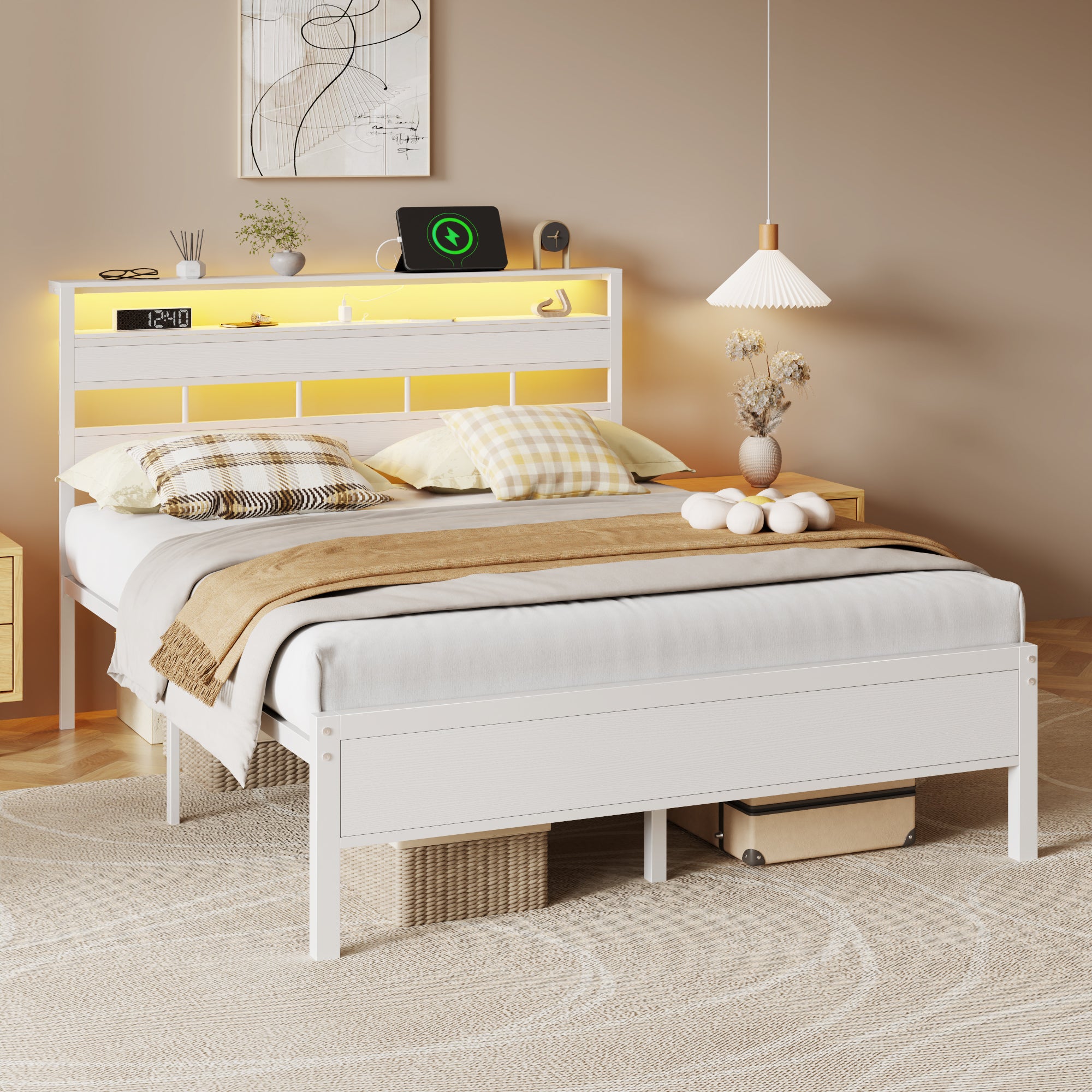Modern White Queen Size Bed Frame LED Lights Charging Station Storage Headboard Metal Platform Mattress Foundation No Box Spring Needed Noise Free