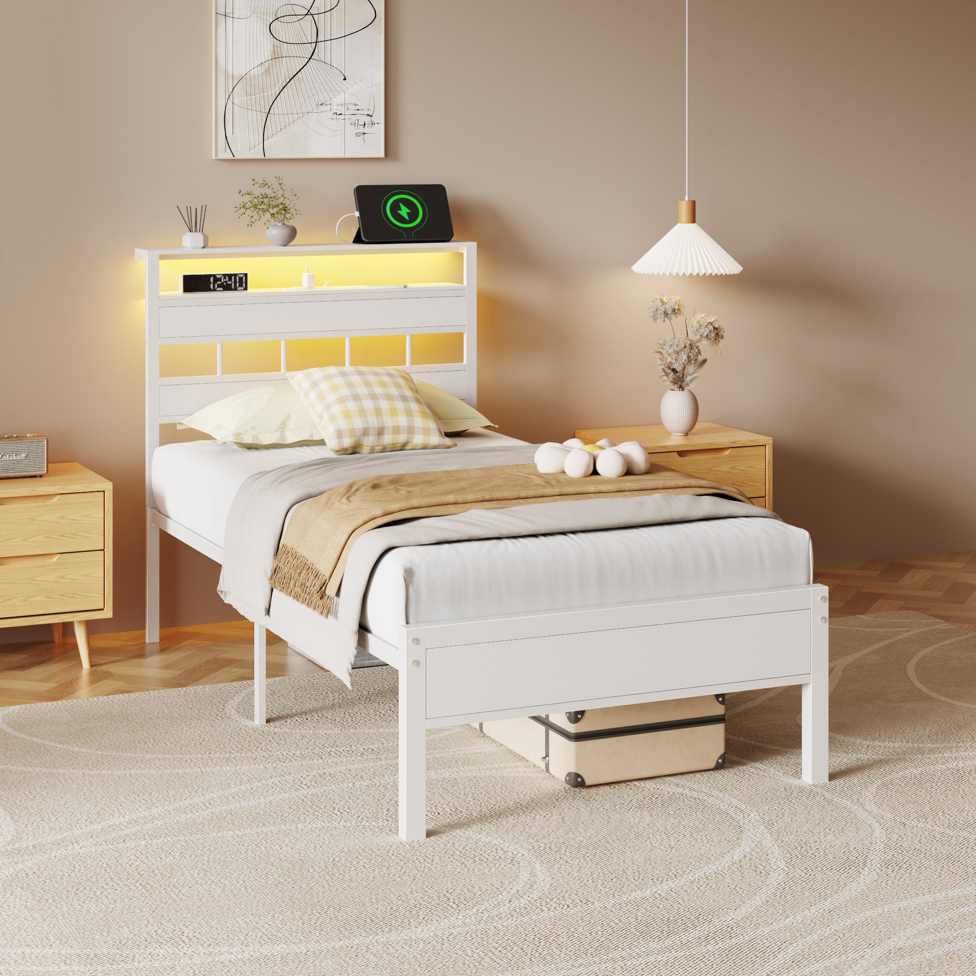 White Twin Platform Bed Frame with Bookcase Storage Headboard LED Lights Charging Station Metal Support No Box Spring Needed Kids Dorm Room