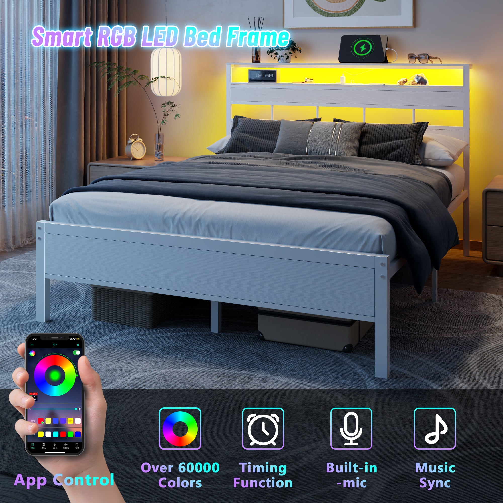Modern White Queen Size Bed Frame LED Lights Charging Station Storage Headboard Metal Platform Mattress Foundation No Box Spring Needed Noise Free