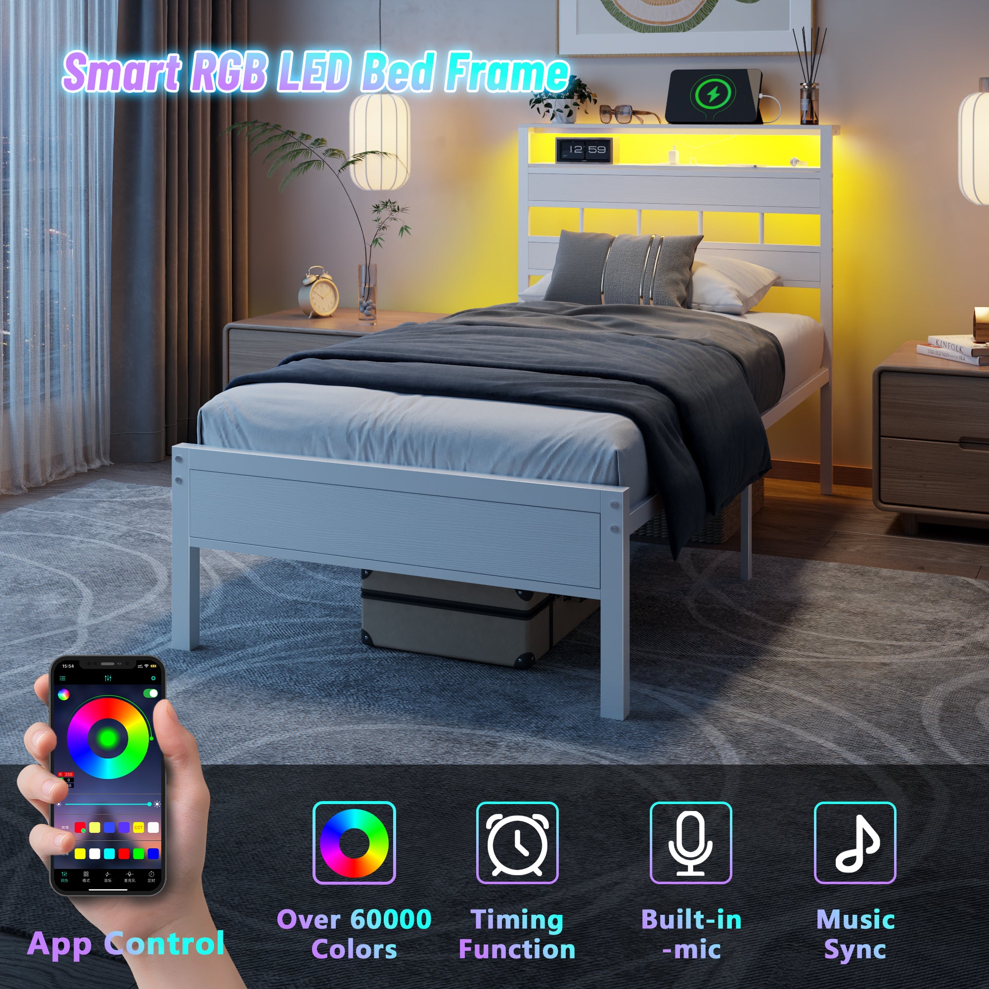 White Twin Platform Bed Frame with Bookcase Storage Headboard LED Lights Charging Station Metal Support No Box Spring Needed Kids Dorm Room