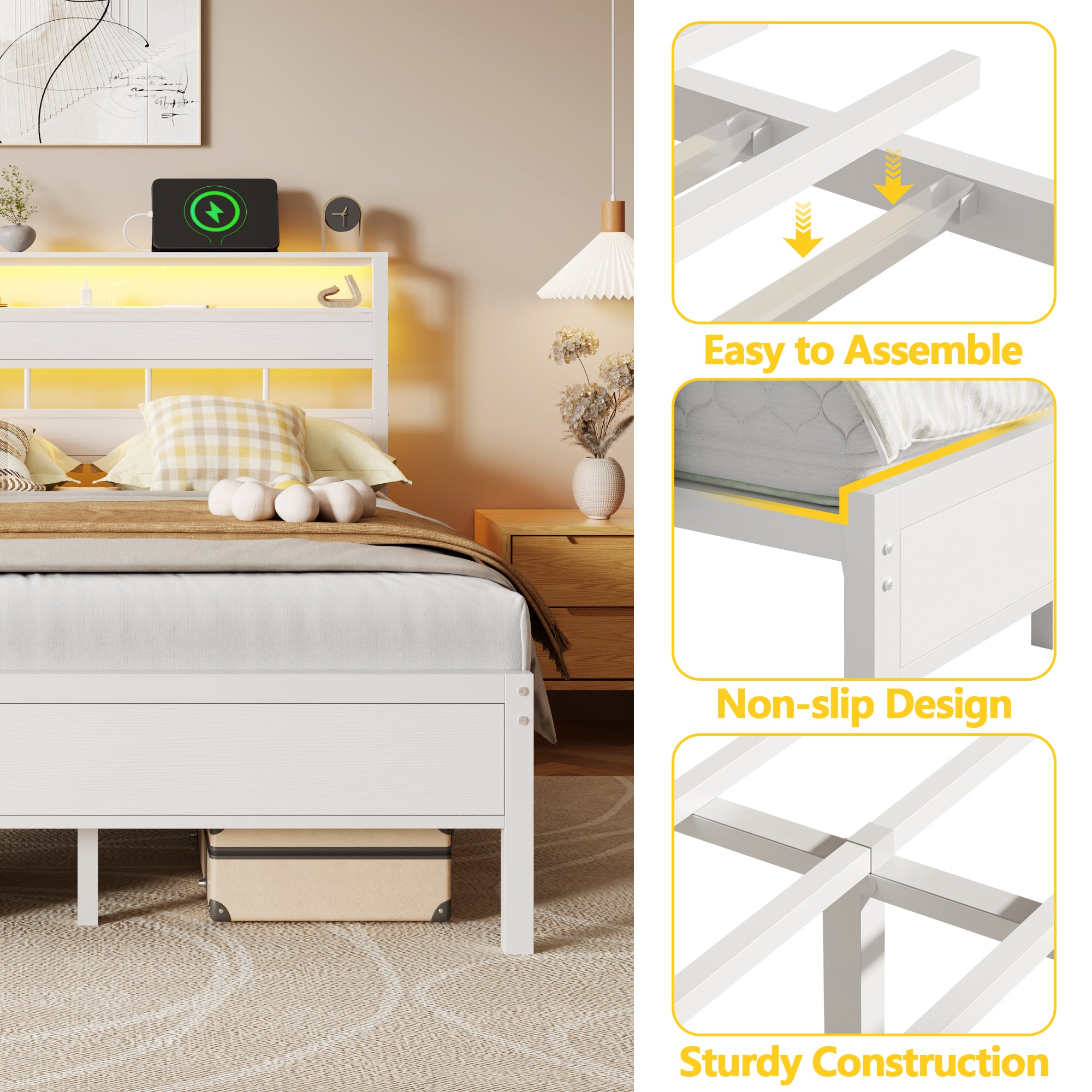 White Full Size Bed Frame LED Lights Storage Headboard Power Strip Charging Station Metal Platform Gaming Bed No Box Spring Needed Noise Free Teen