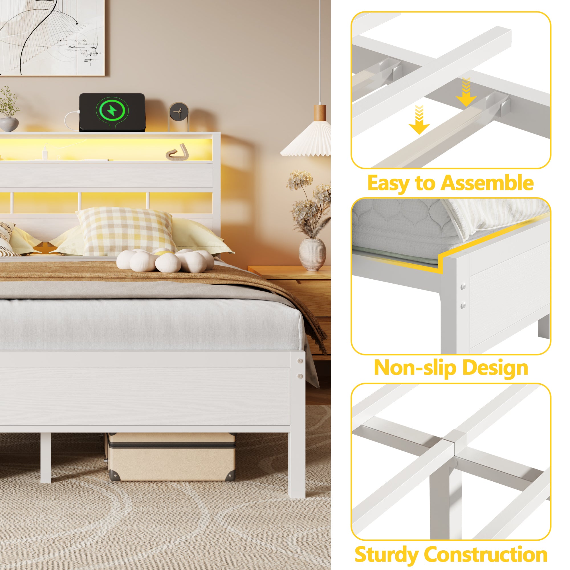 Modern White Queen Size Bed Frame LED Lights Charging Station Storage Headboard Metal Platform Mattress Foundation No Box Spring Needed Noise Free