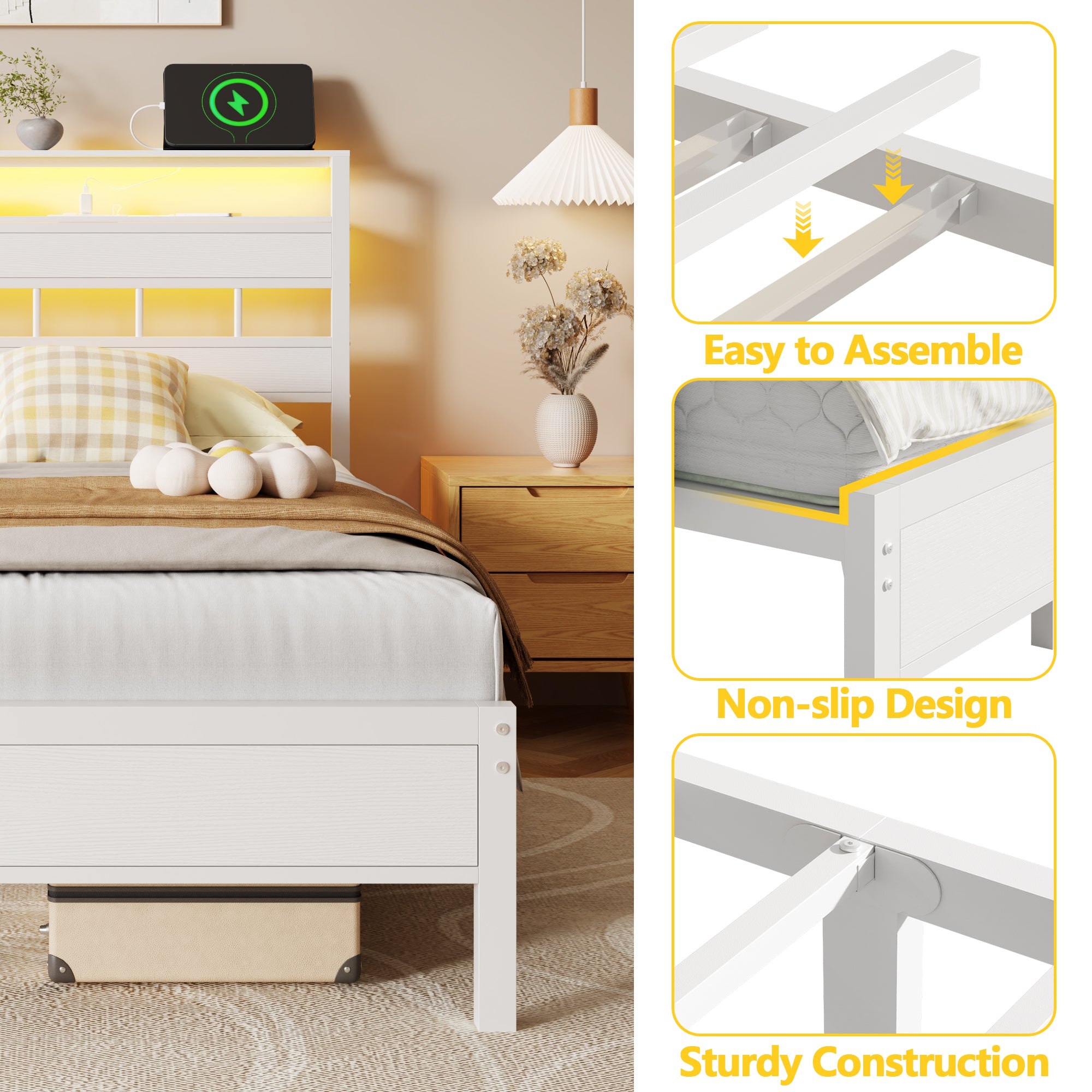 Modern White Twin Bed Frame with Charging Station LED Lights Storage Shelves Headboard Metal Platform No Box Spring Needed Kids Teen Dorm