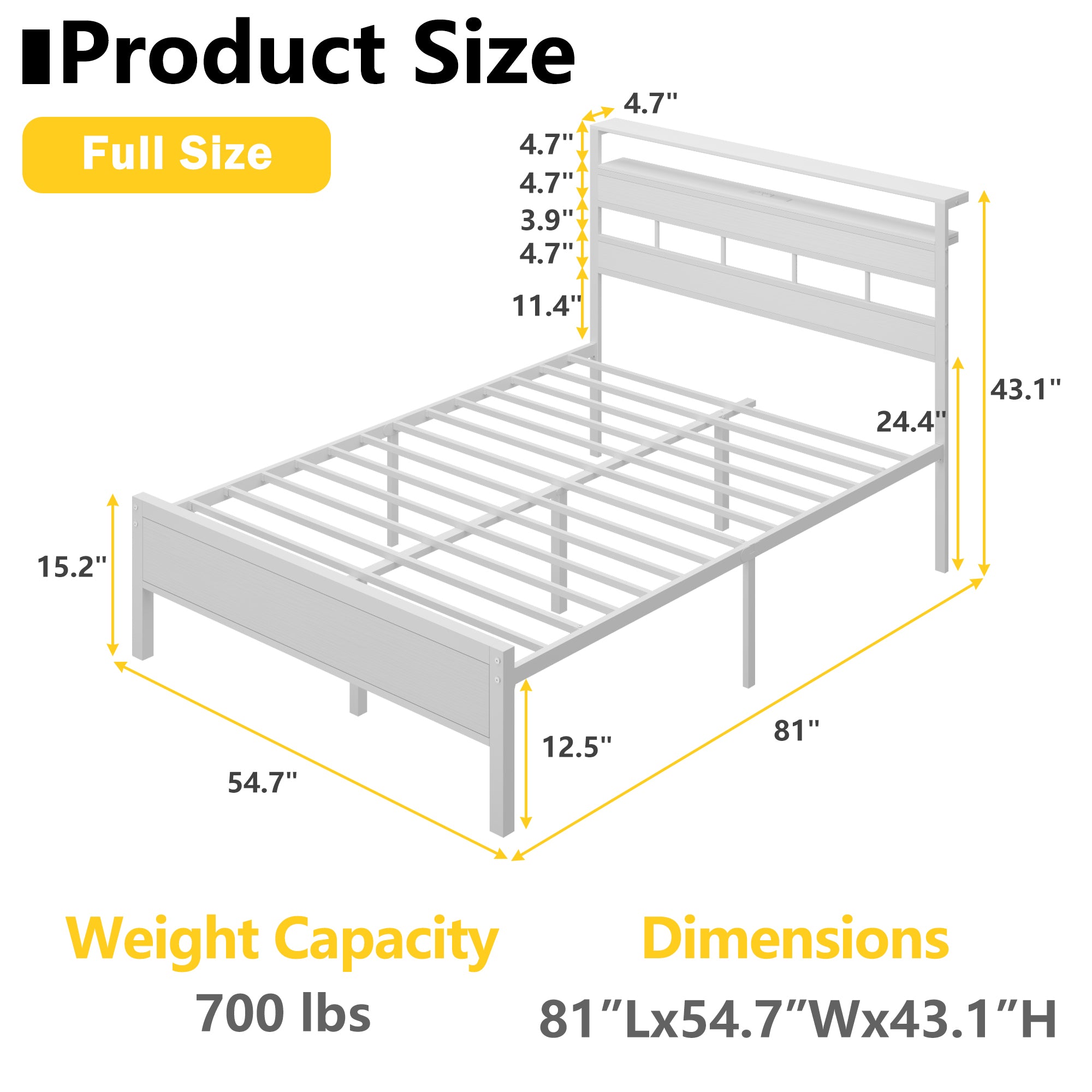 White Full Size Bed Frame RGB LED Lights Charging Station USB Ports Gaming Bedroom Furniture Metal Platform Mattress Foundation No Box Spring Teen