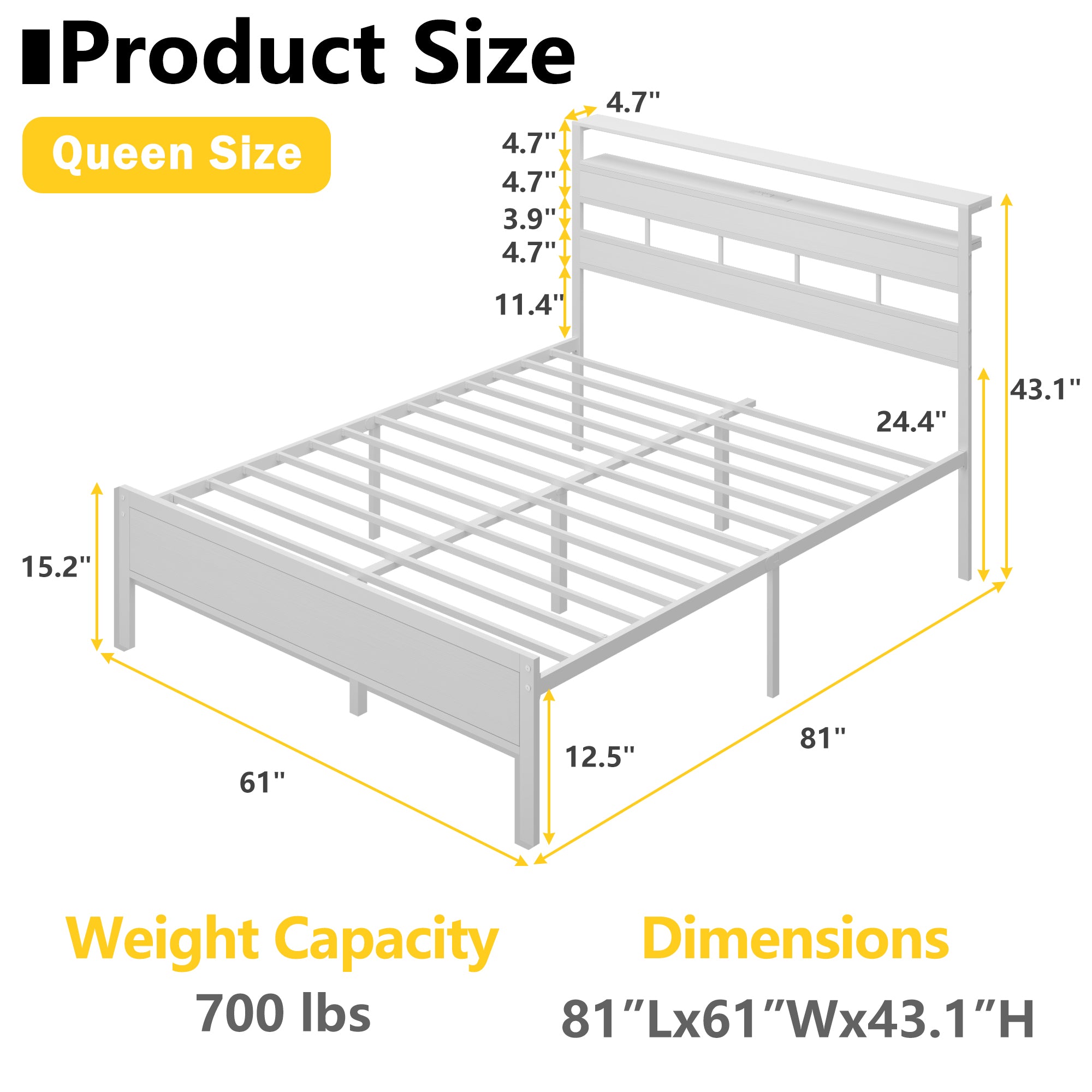 Queen Bed Frame with LED Lights Charging Station White Storage Headboard Platform Bed Heavy Duty Metal Slats No Box Spring Needed Modern Bedroom