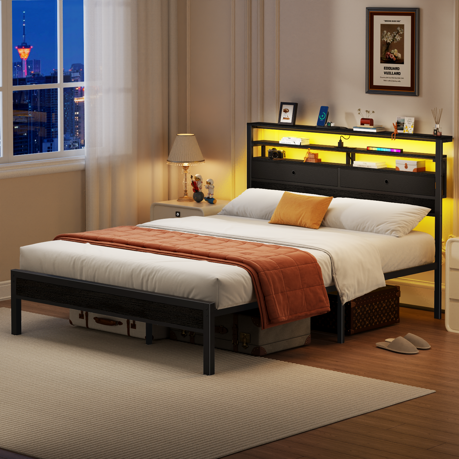 Furnulem Queen Bed Frame with Headboard  2 Fabric Drawers Bed Frame  Featuring LED Lights Built-in Charging Station  Storage  No Box Spring Needed