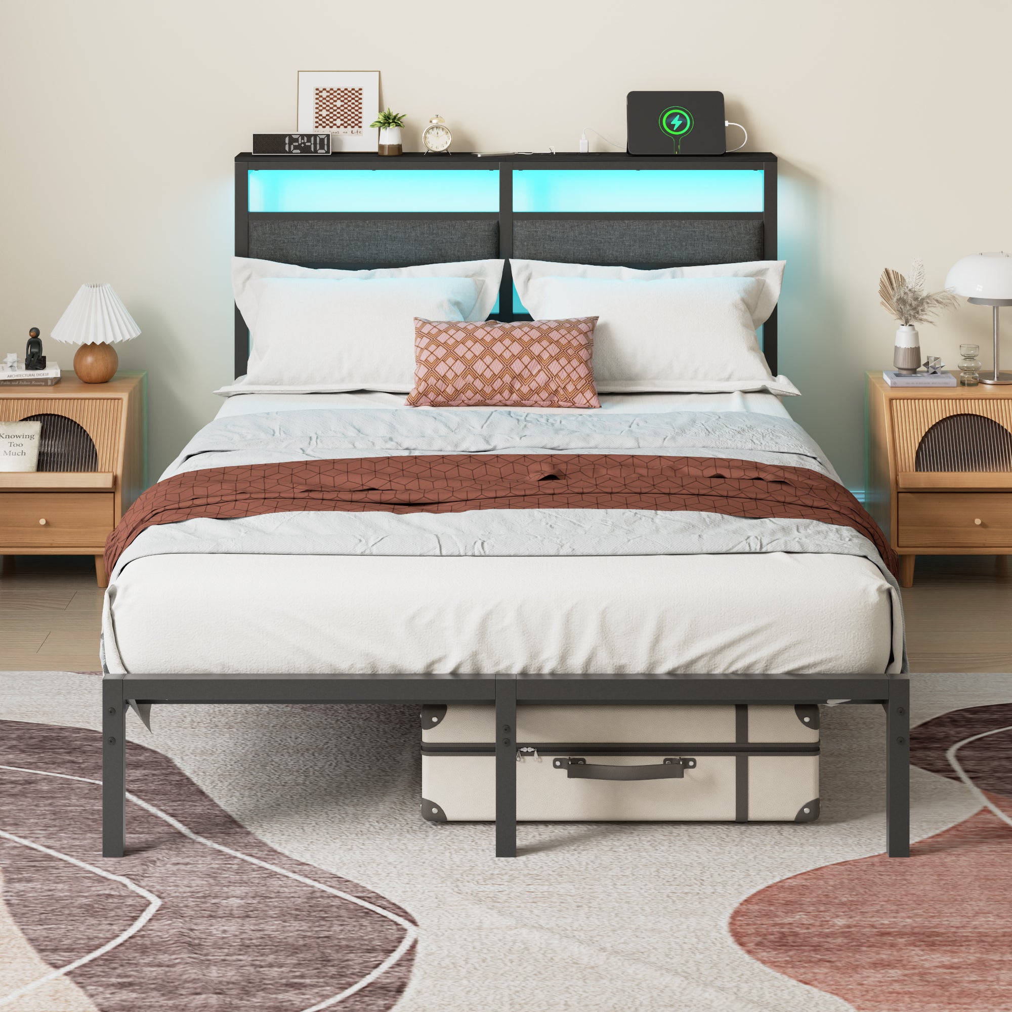 Full Size Bed Frame with Headboard, Bed Frame with LED Light and Charging Station Black Metal Platform Bedframe and Storage Shelf No Box Spring Needed