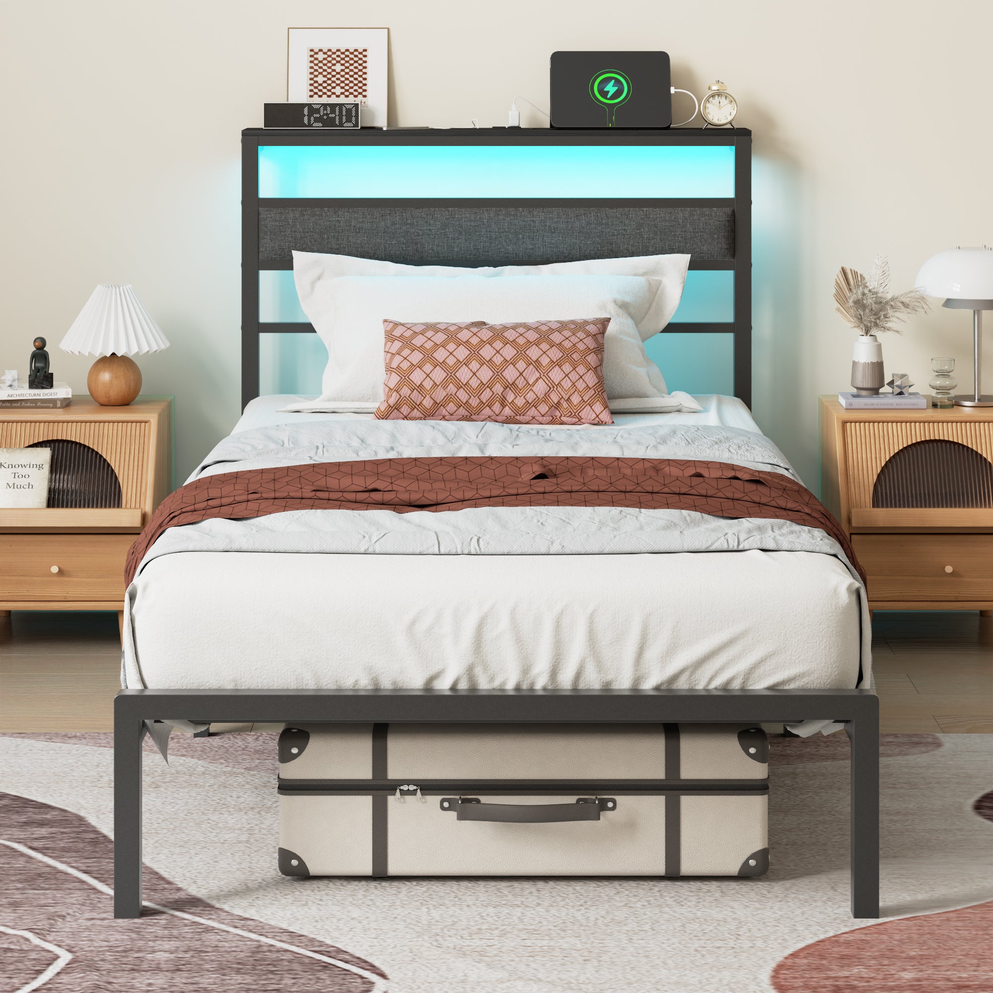 Twin Bed Frames for Kids Metal Platform Bed Frame  with Upholstered Headboard Wood Storage Shelf Charging Station and LED Lights No Box Spring Needed