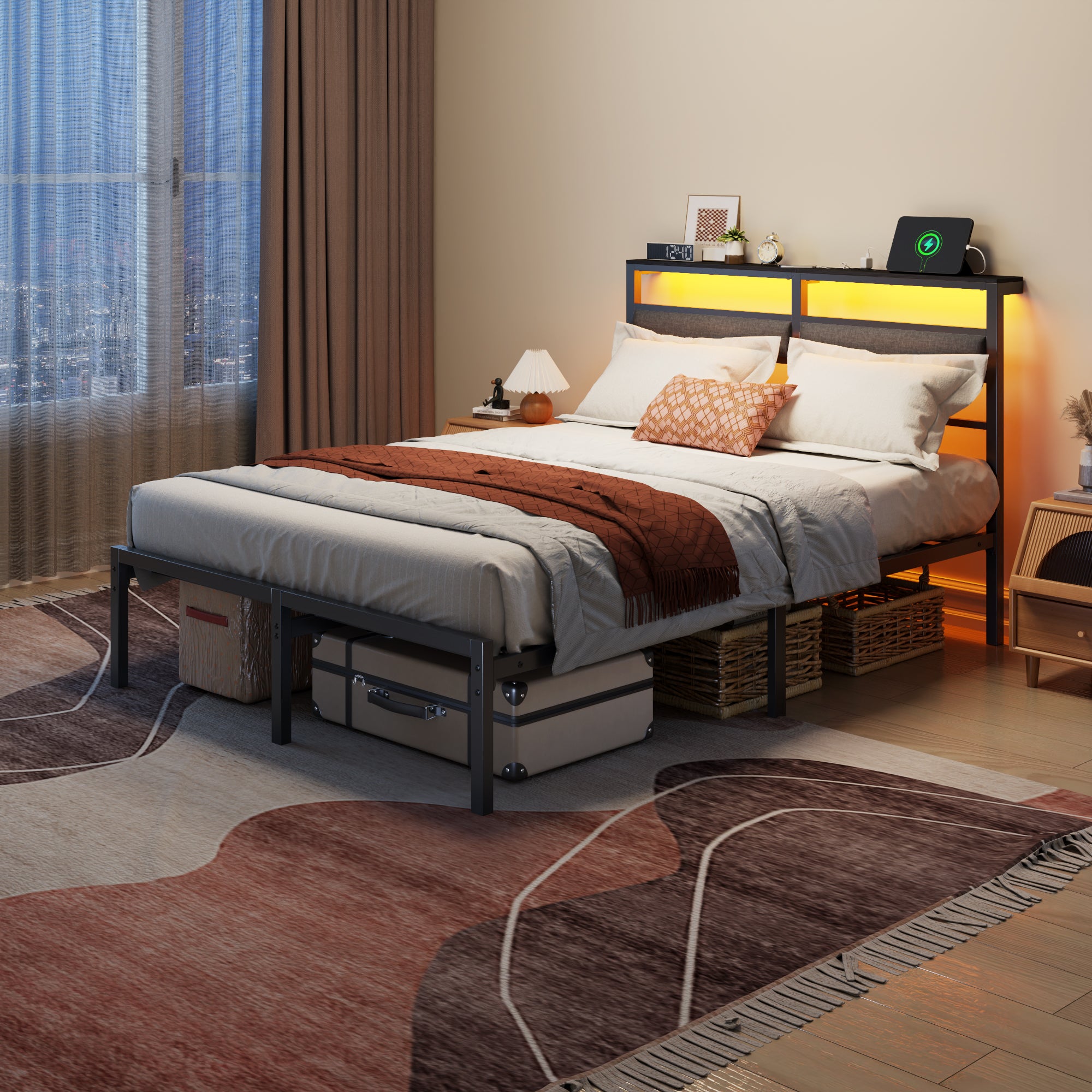 Full Size Bed Frame with Headboard, Bed Frame with LED Light and Charging Station Black Metal Platform Bedframe and Storage Shelf No Box Spring Needed