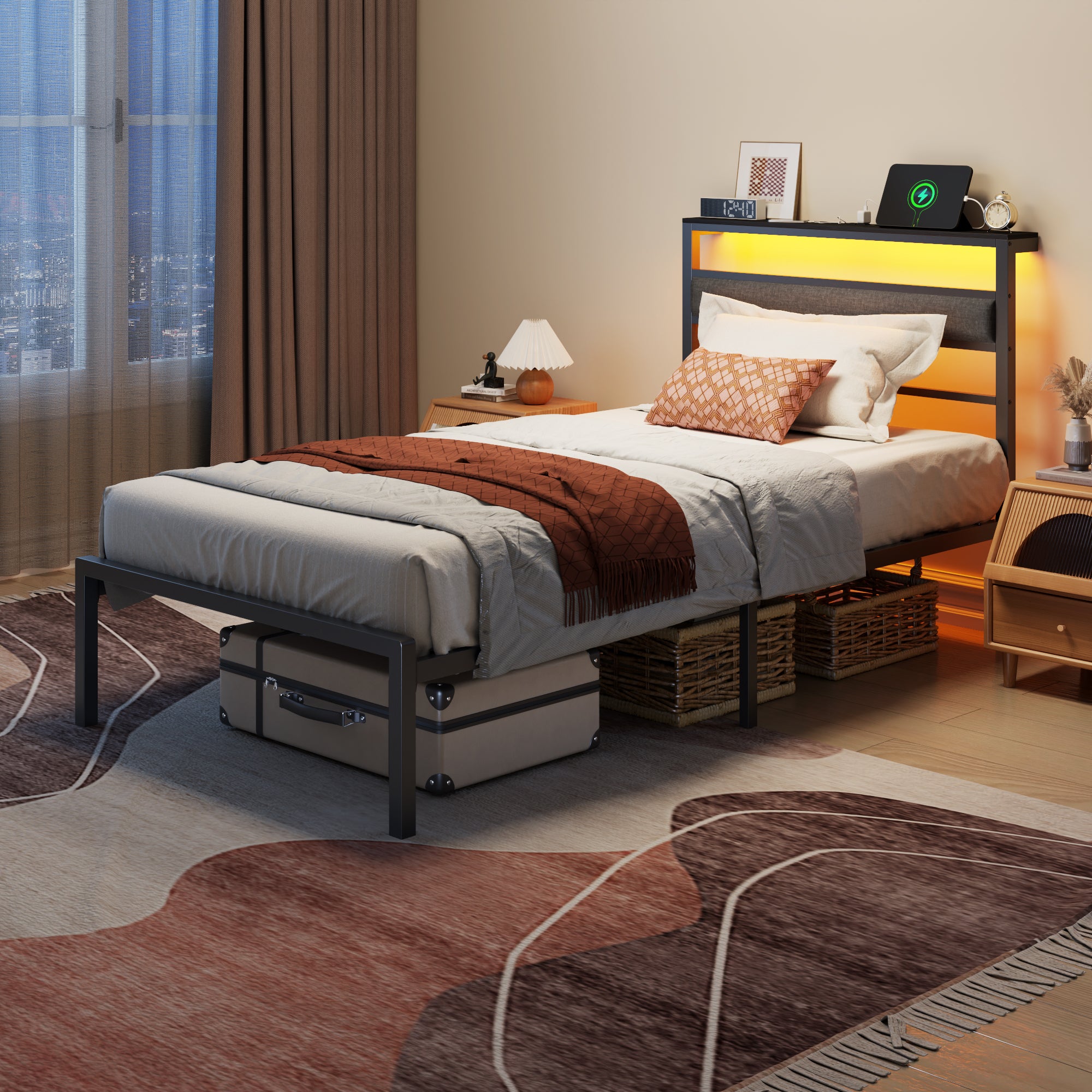 Twin Bed Frames for Kids Metal Platform Bed Frame with Upholstered Headboard Wood Storage Shelf Charging Station and LED Lights No Box Spring Needed