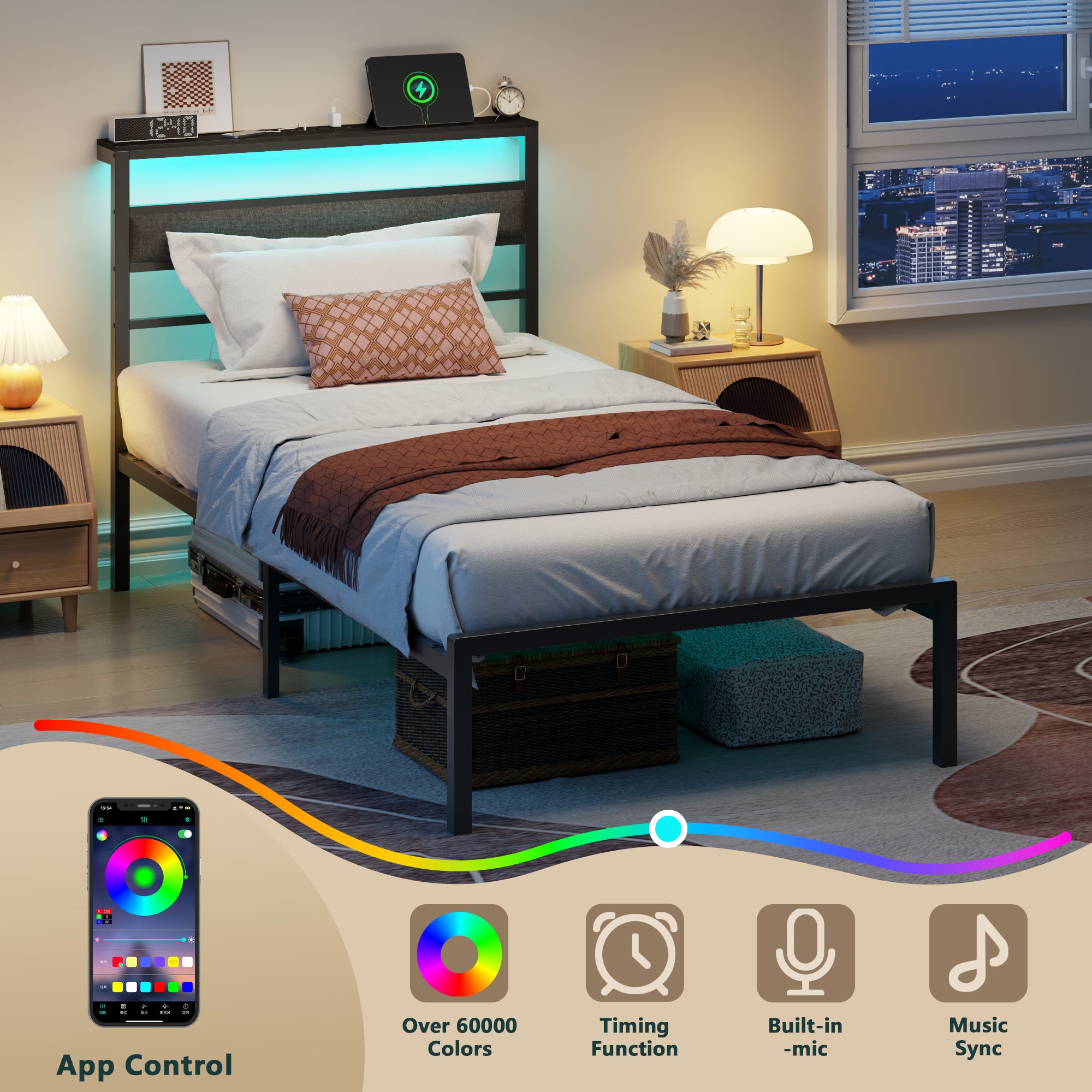 Twin Bed Frames for Kids Metal Platform Bed Frame  with Upholstered Headboard Wood Storage Shelf Charging Station and LED Lights No Box Spring Needed