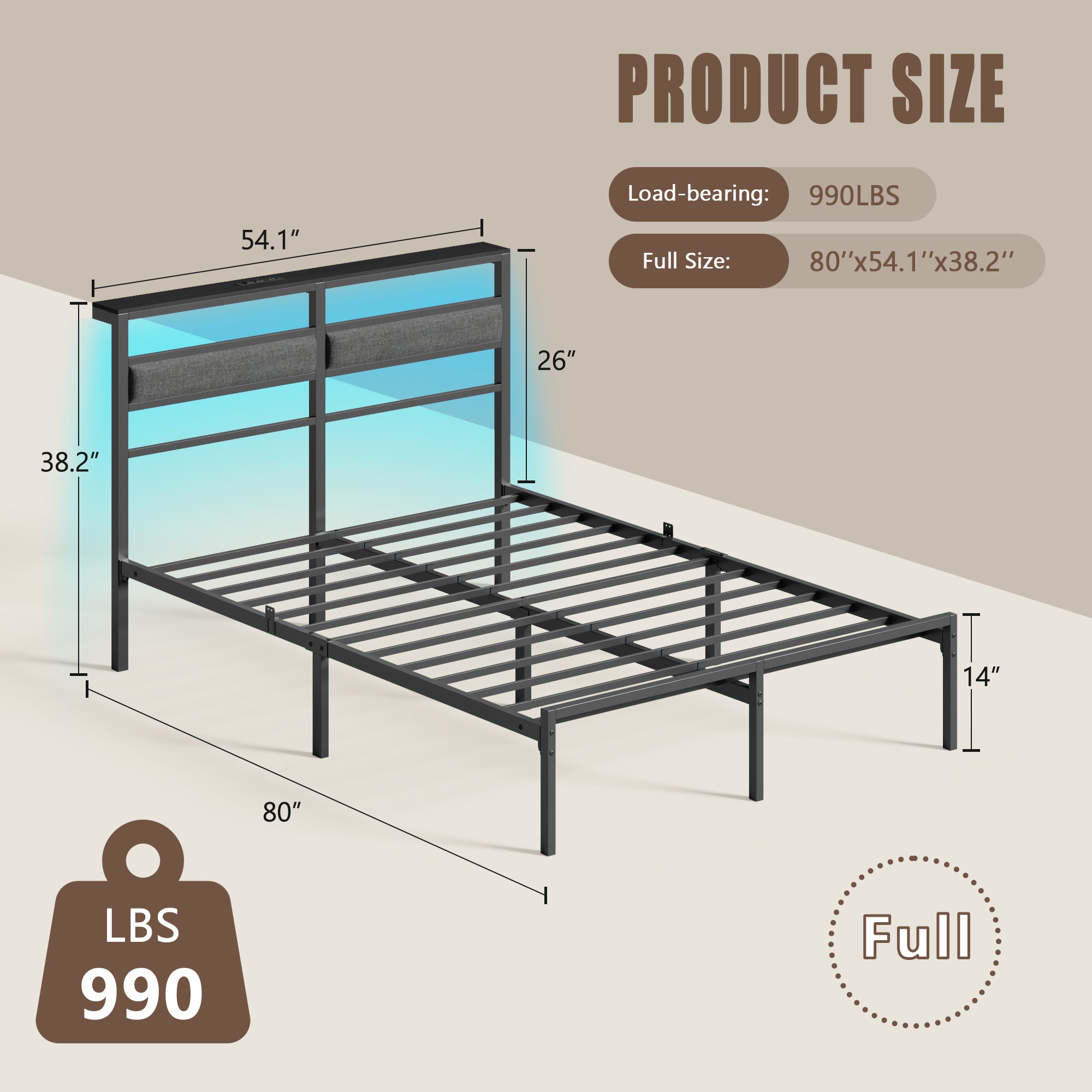 Full Size Bed Frame with Headboard, Bed Frame with LED Light and Charging Station Black Metal Platform Bedframe and Storage Shelf No Box Spring Needed