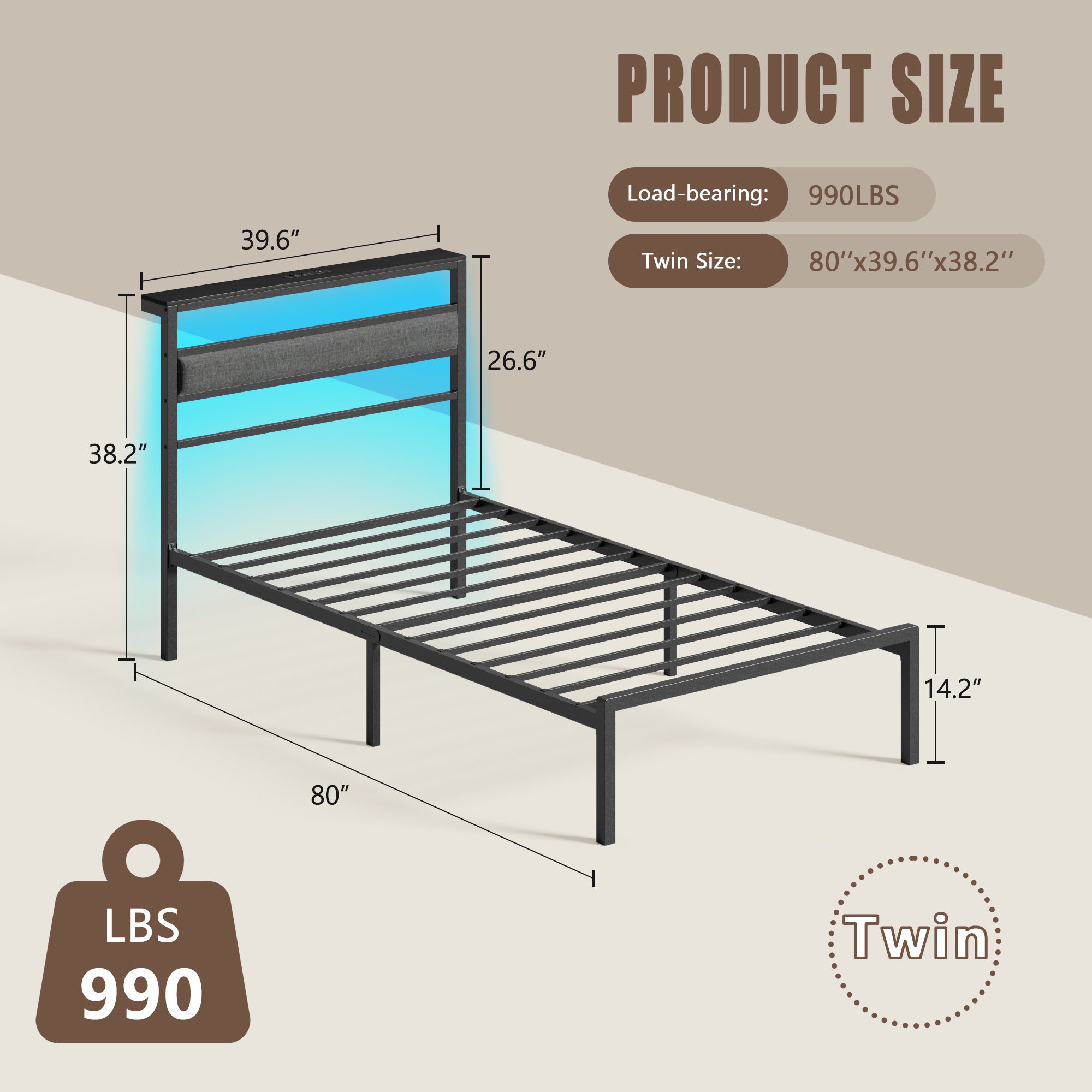 Twin Bed Frame with LED Light and Charging Station Metal Frame with Upholstered Headboard Large Storage Space No Box Spring Needed