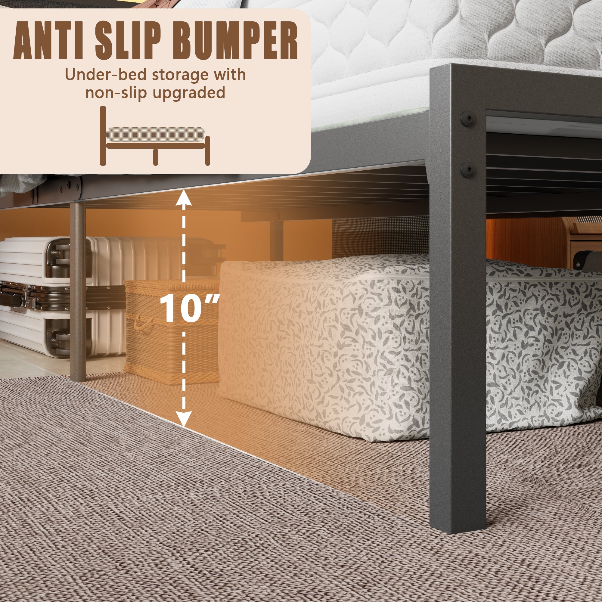 Queen Bed Frame with Led Lights and Charging Station Bed  Frame with Headboard and Under Bed Storage Metal Platform Bedframe and Storage Shelf