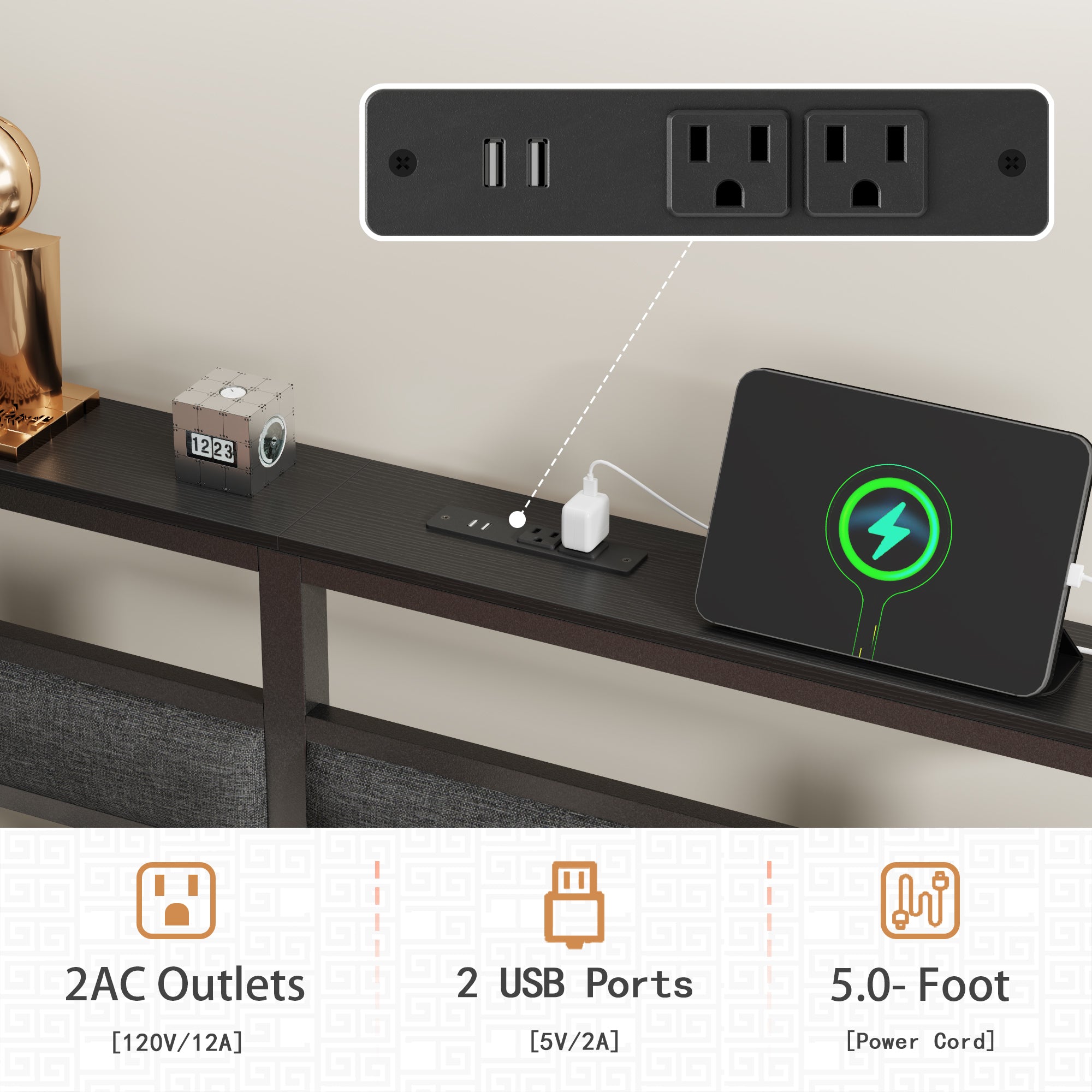 Full Size Bed Frame with Headboard, Bed Frame with LED Light and Charging Station Black Metal Platform Bedframe and Storage Shelf No Box Spring Needed