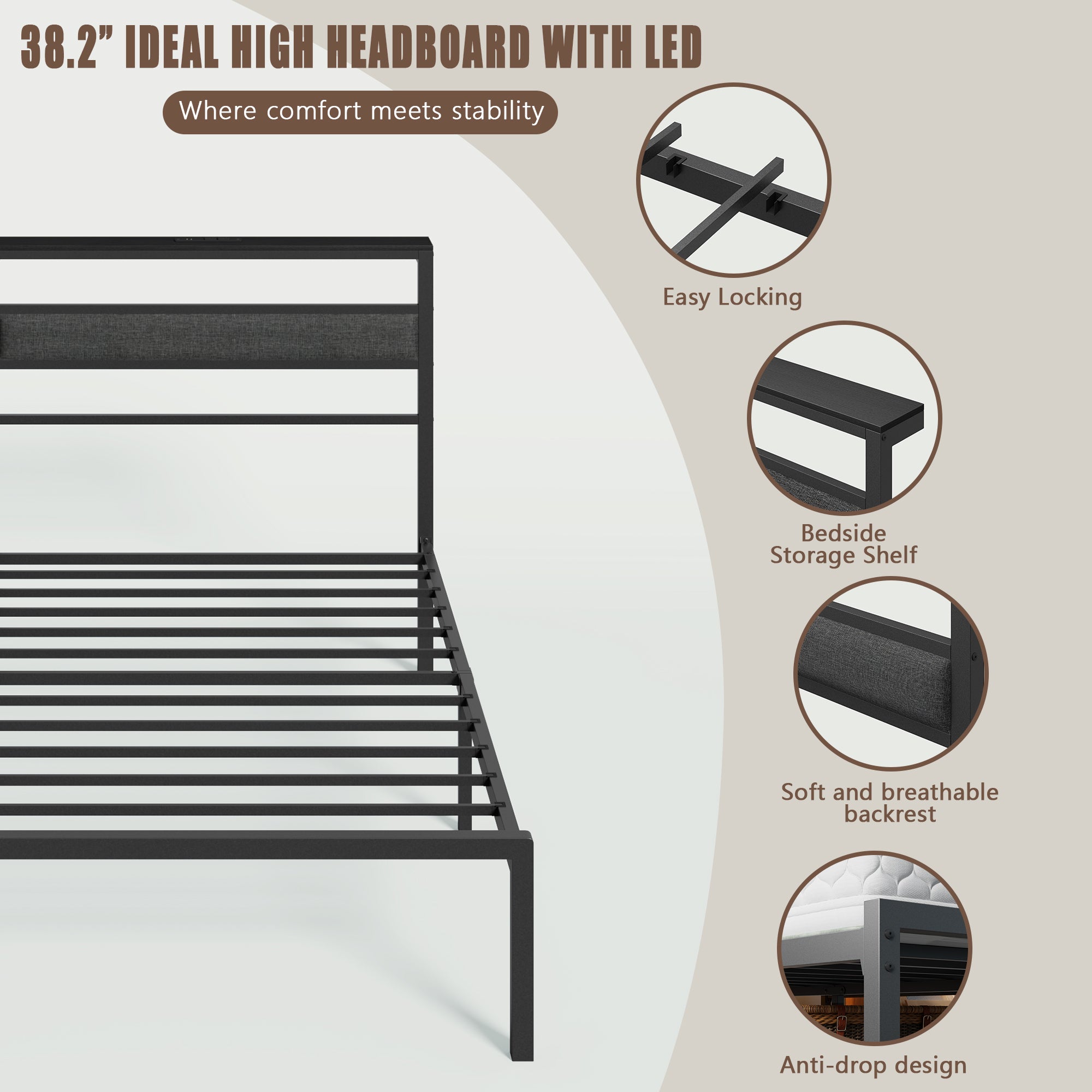 Twin Bed Frames for Kids Metal Platform Bed Frame  with Upholstered Headboard Wood Storage Shelf Charging Station and LED Lights No Box Spring Needed