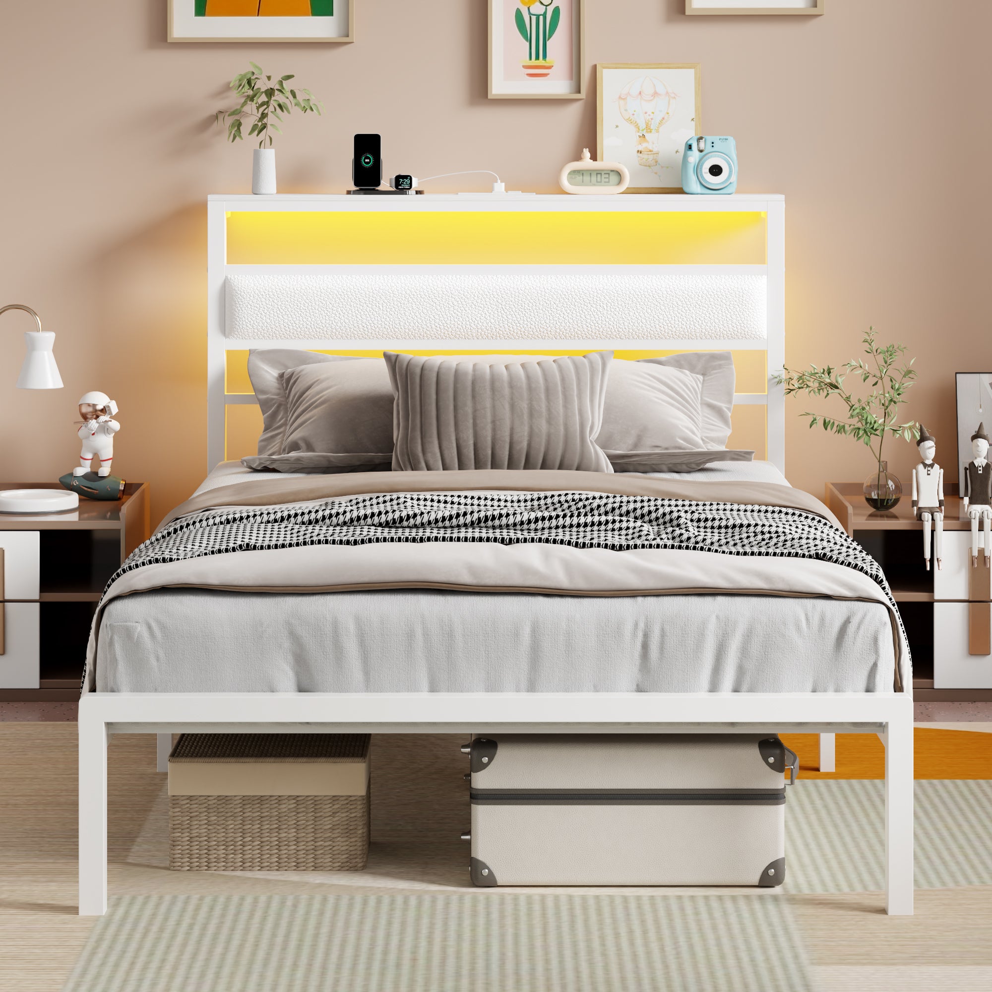 Qwatto Twin Size Bed Frame Kids White Leather Upholstered Bed LED Lights Charging Station Storage Headboard Metal Platform Bed Frames No Box Springs