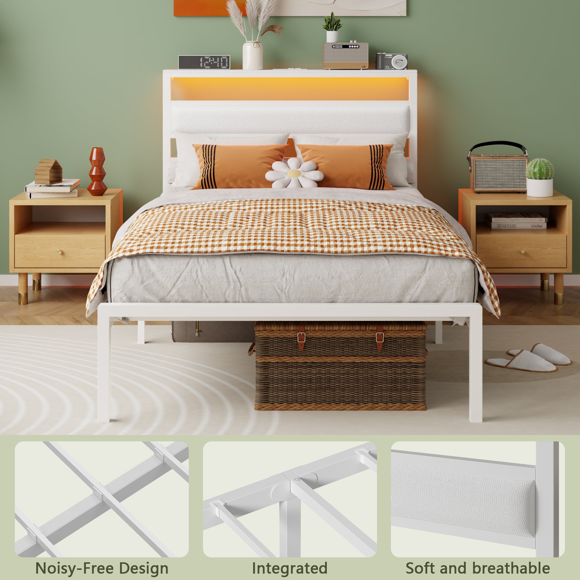 Qwatto Twin Size Bed Frame Kids White Leather Upholstered Bed LED Lights Charging Station Storage Headboard Metal Platform Bed Frames No Box Springs