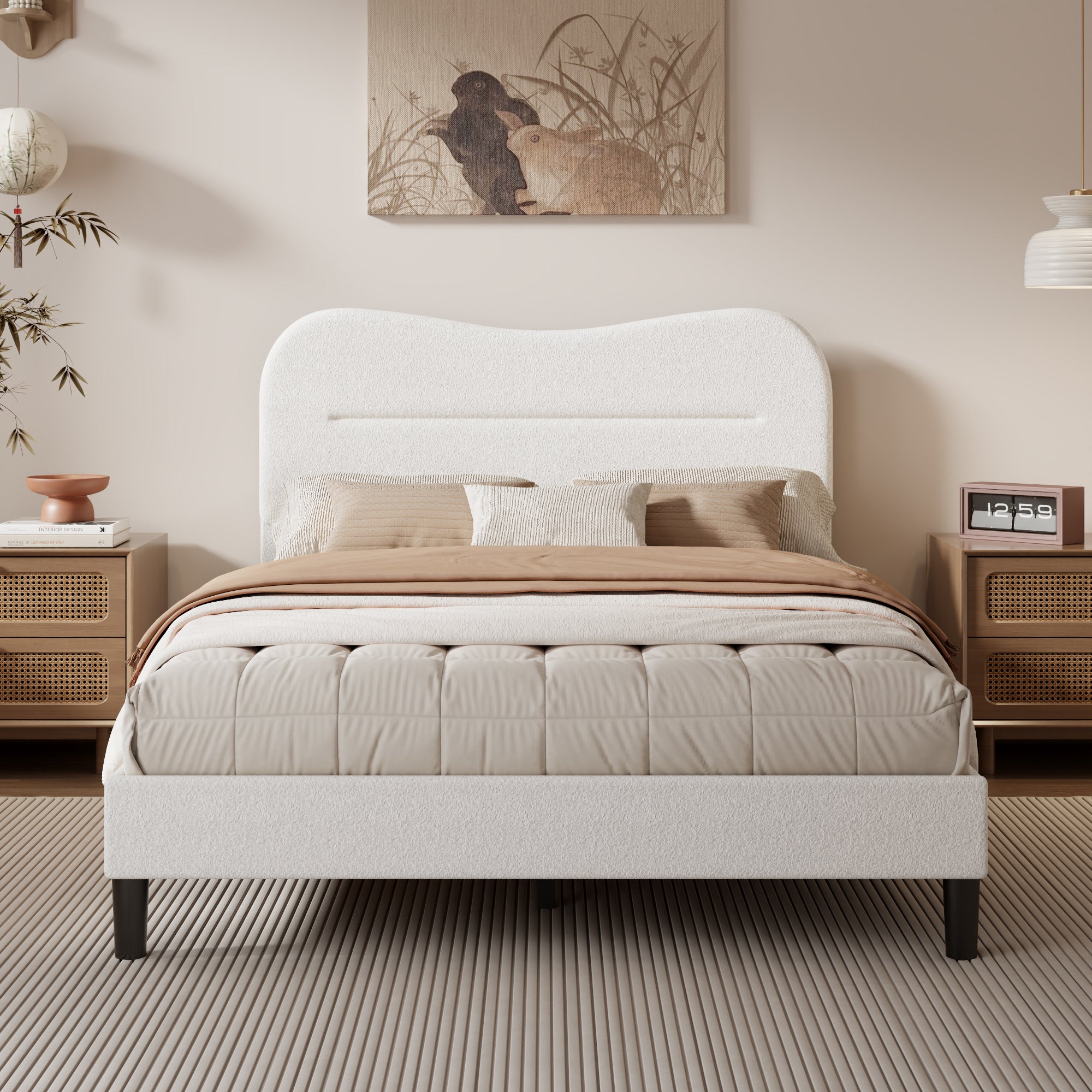 Full Size Bed Frame with Headboard, Teddy Soft Boucle Fabric Bed Frame Full Soft Cloud Marshmallow Shape Upholstered Headboard No Box Spring Needed