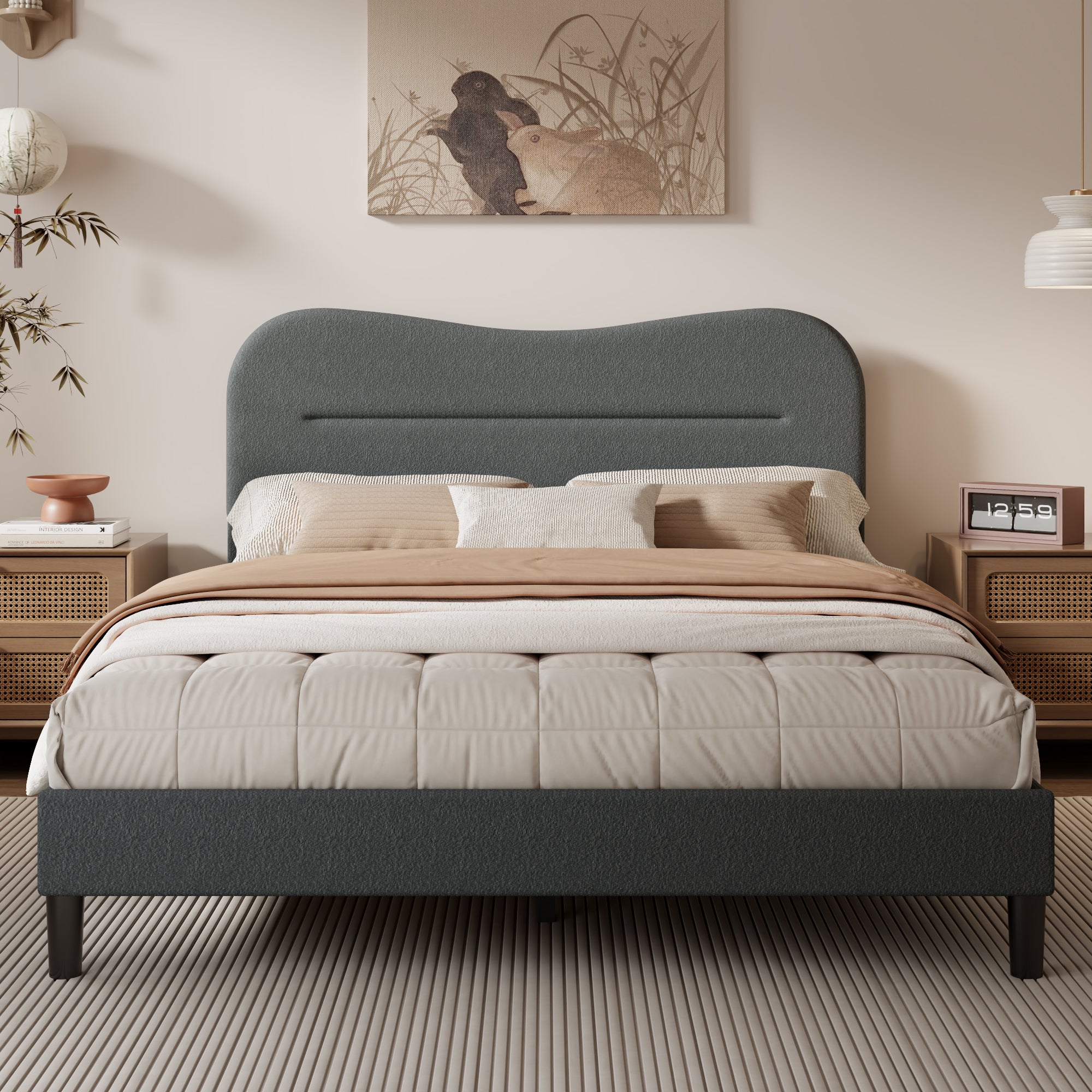 Queen Size Bed Frame with Headboard upholstered Bed Frame Soft Boucle Fabric Soft Cloud Marshmallow Shape Upholstered Headboard No Box Spring Needed
