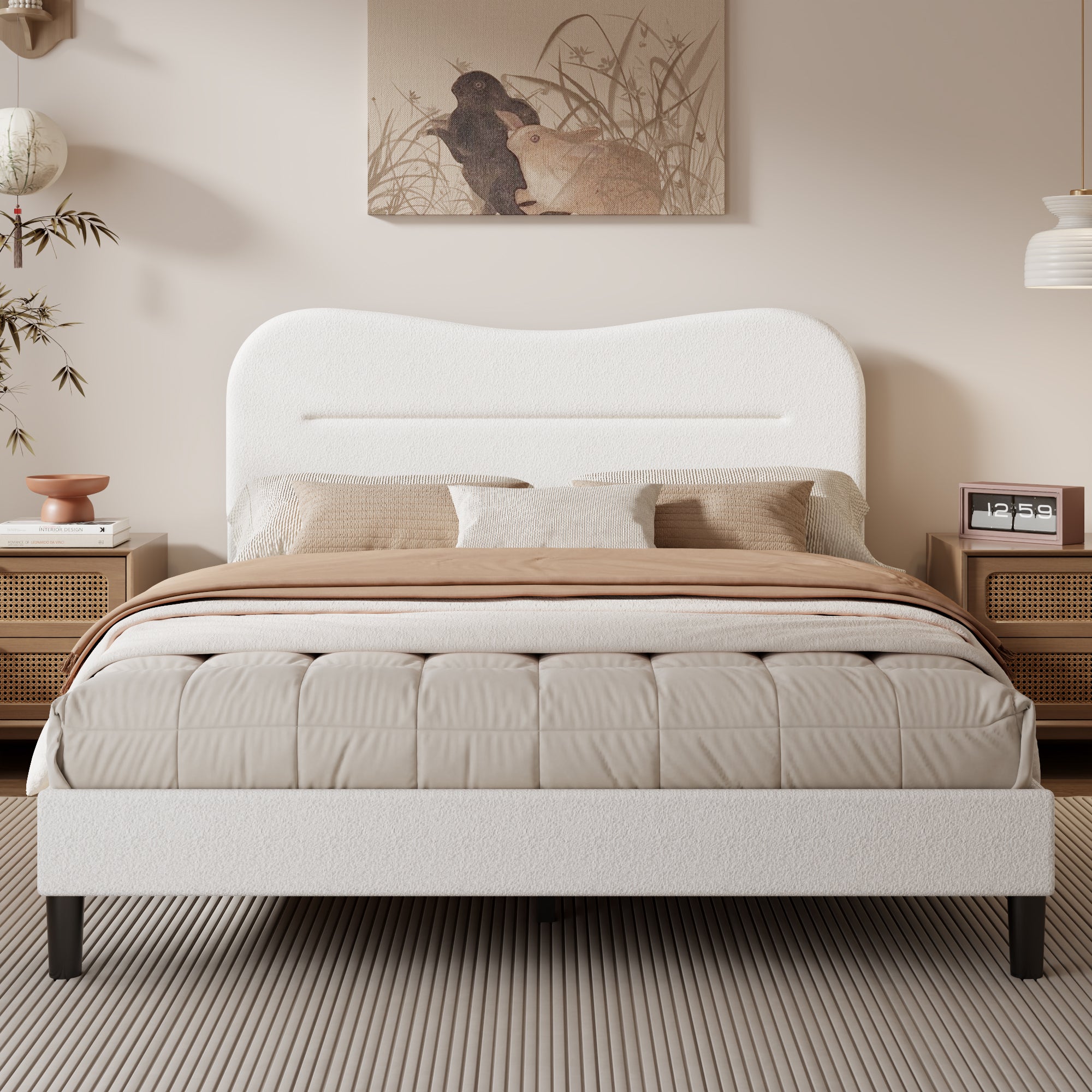 Queen Size Bed Frame with Headboard upholstered Bed Frame  Teddy Soft Boucle Fabric Soft Cloud Marshmallow Shape Headboard No Box Spring Needed