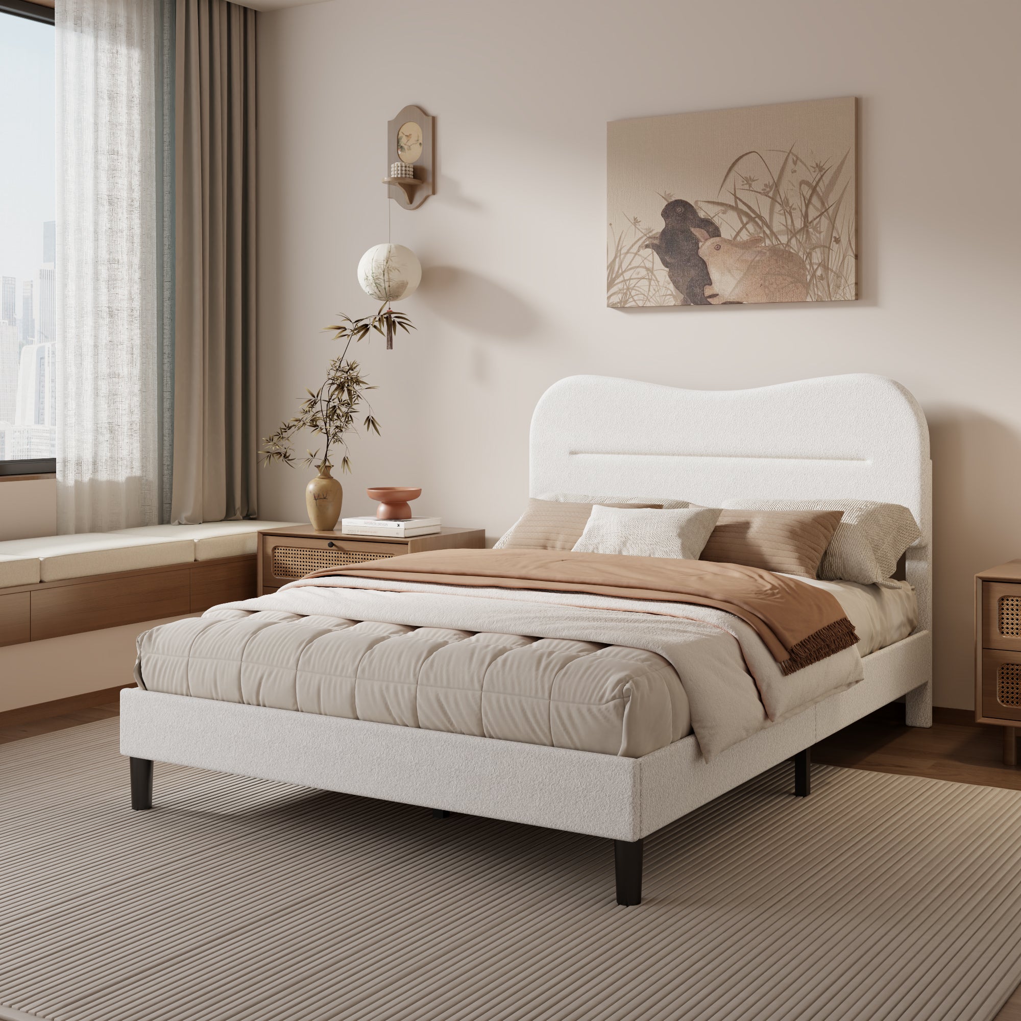 Full Bed Frames Upholstered Full Bed Frame with Arc Headboard Soft Modern Teddy Fleece Fabric Full Size Boucle Bed Frame with  No Box Spring Needed