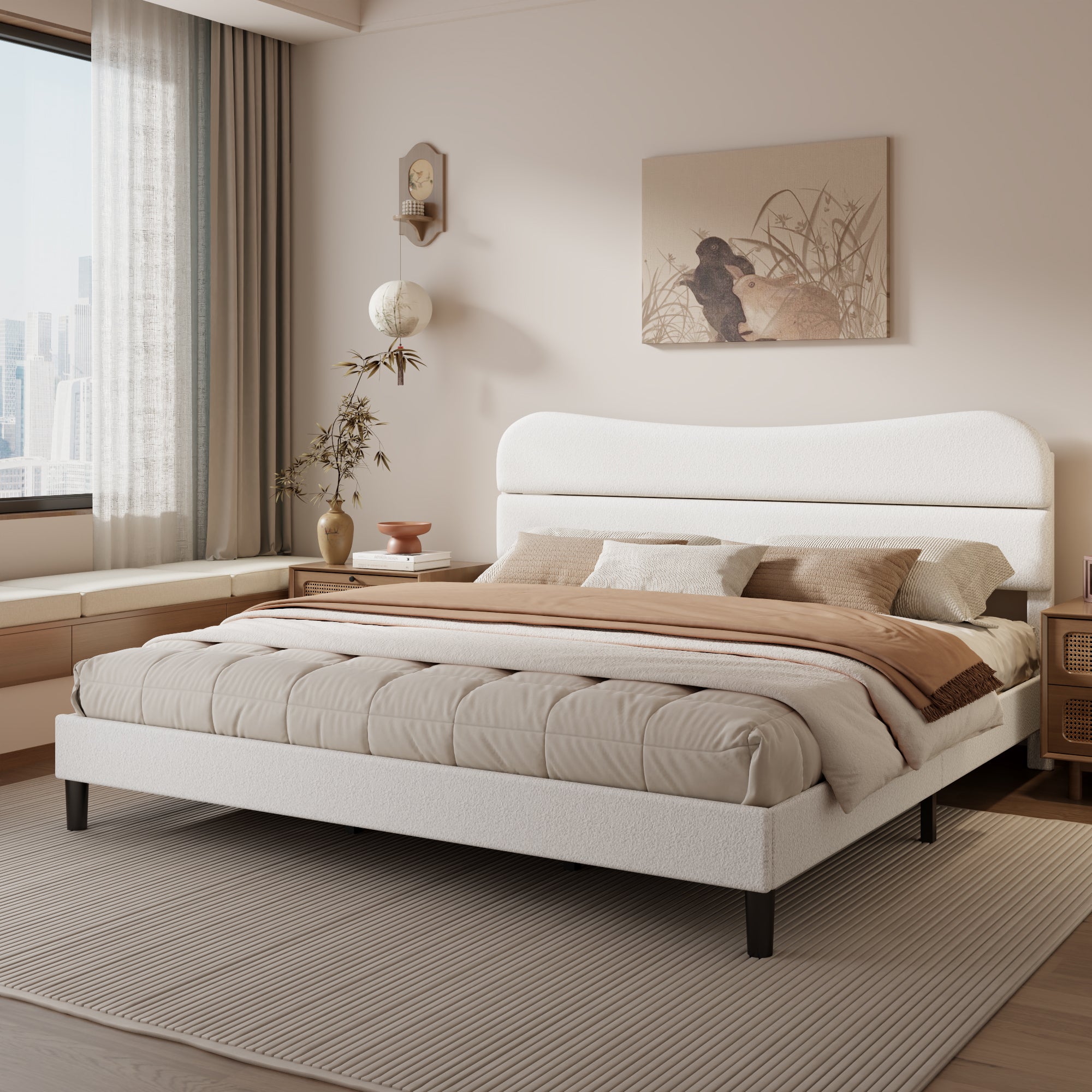 King Bed Frames Upholstered King Bed Frame with Arc Headboard Soft Modern Teddy Fleece Fabric King Size Boucle Bed Frame with  No Box Spring Needed