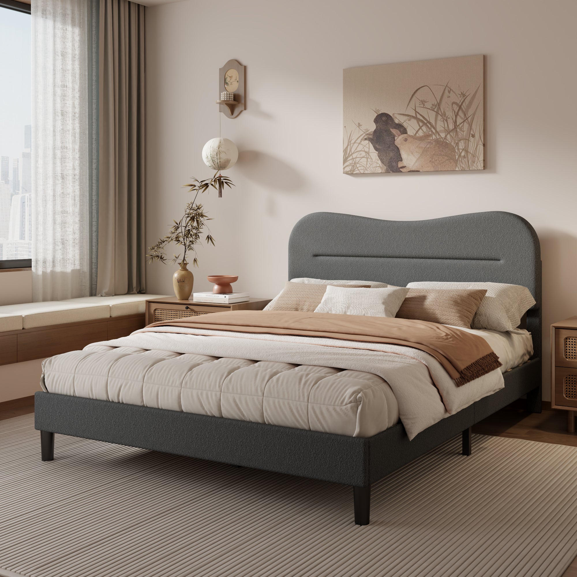 Queen Size Bed Frame with Headboard upholstered Bed Frame Soft Boucle Fabric Soft Cloud Marshmallow Shape Upholstered Headboard No Box Spring Needed