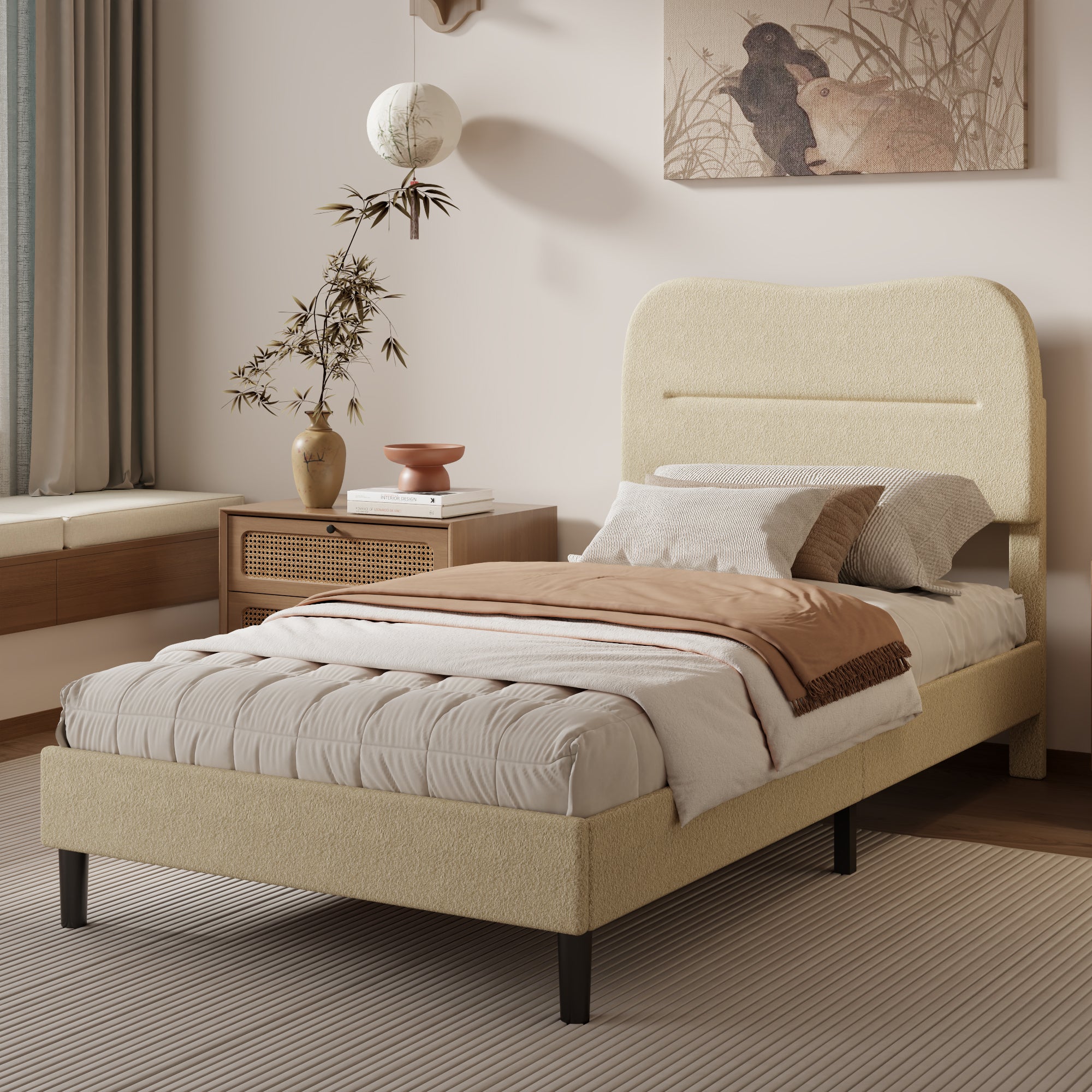 Twin Bed Frames Upholstered Twin Bed Frame with Arc Headboard Soft Modern Teddy Fleece Fabric Twin Size Boucle Bed Frame with  No Box Spring Needed