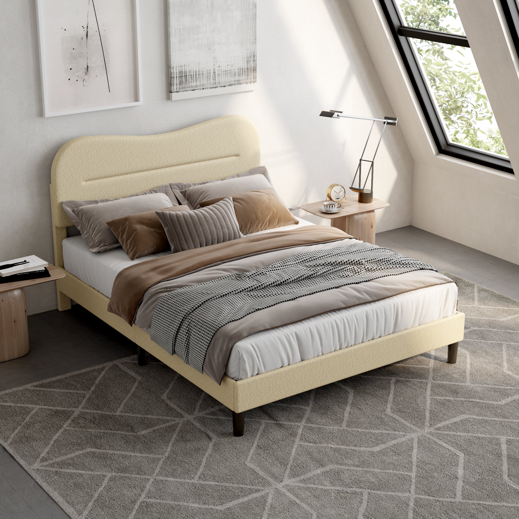 Full Size Bed Frames with Headboard Upholstered Bed Frame Teddy Soft Boucle Fabric bedframes Soft Cloud Marshmallow Shape Upholstered Headboard