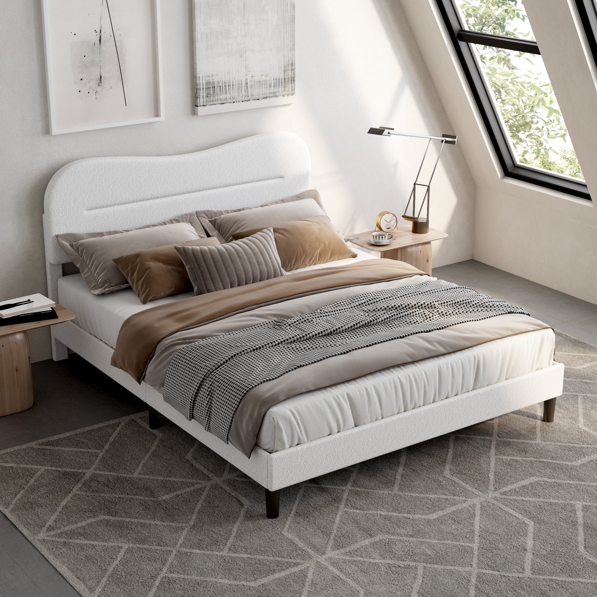 Queen Bed Frames Upholstered Queen Bed Frame with Arc Headboard Soft Modern Teddy Fleece Fabric Queen Size Boucle Bed Frame with  No Box Spring Needed