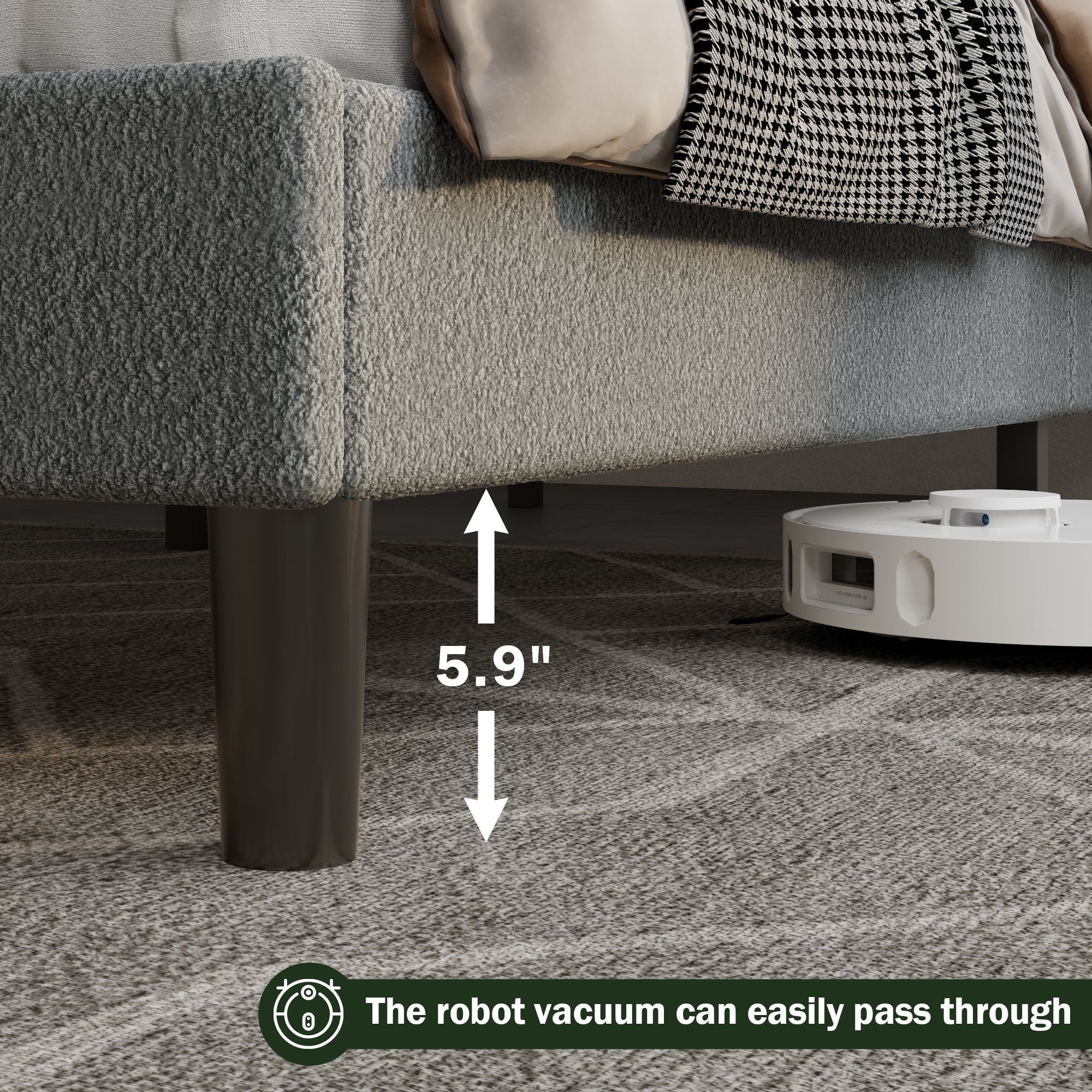 Queen Bed Frames Upholstered Queen Bed Frame with Arc Headboard Soft Modern Teddy Fleece Fabric Queen Size Boucle Bed Frame with  No Box Spring Needed