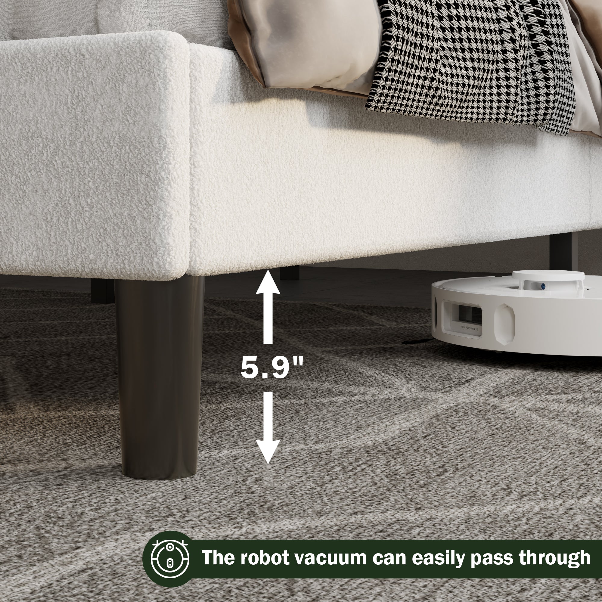 White Queen Size Upholstered Platform Bed Frame Teddy Boucle Soft Cloud Headboard Modern Marshmallow Design No Box Spring Needed Noise Free Support