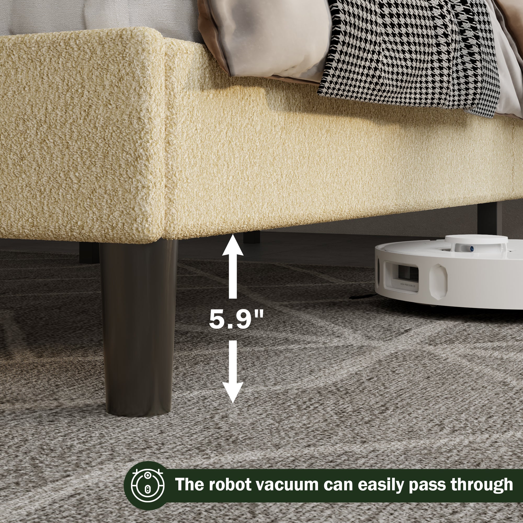 Twin Bed Frames Upholstered Twin Bed Frame with Arc Headboard Soft Modern Teddy Fleece Fabric Twin Size Boucle Bed Frame with  No Box Spring Needed