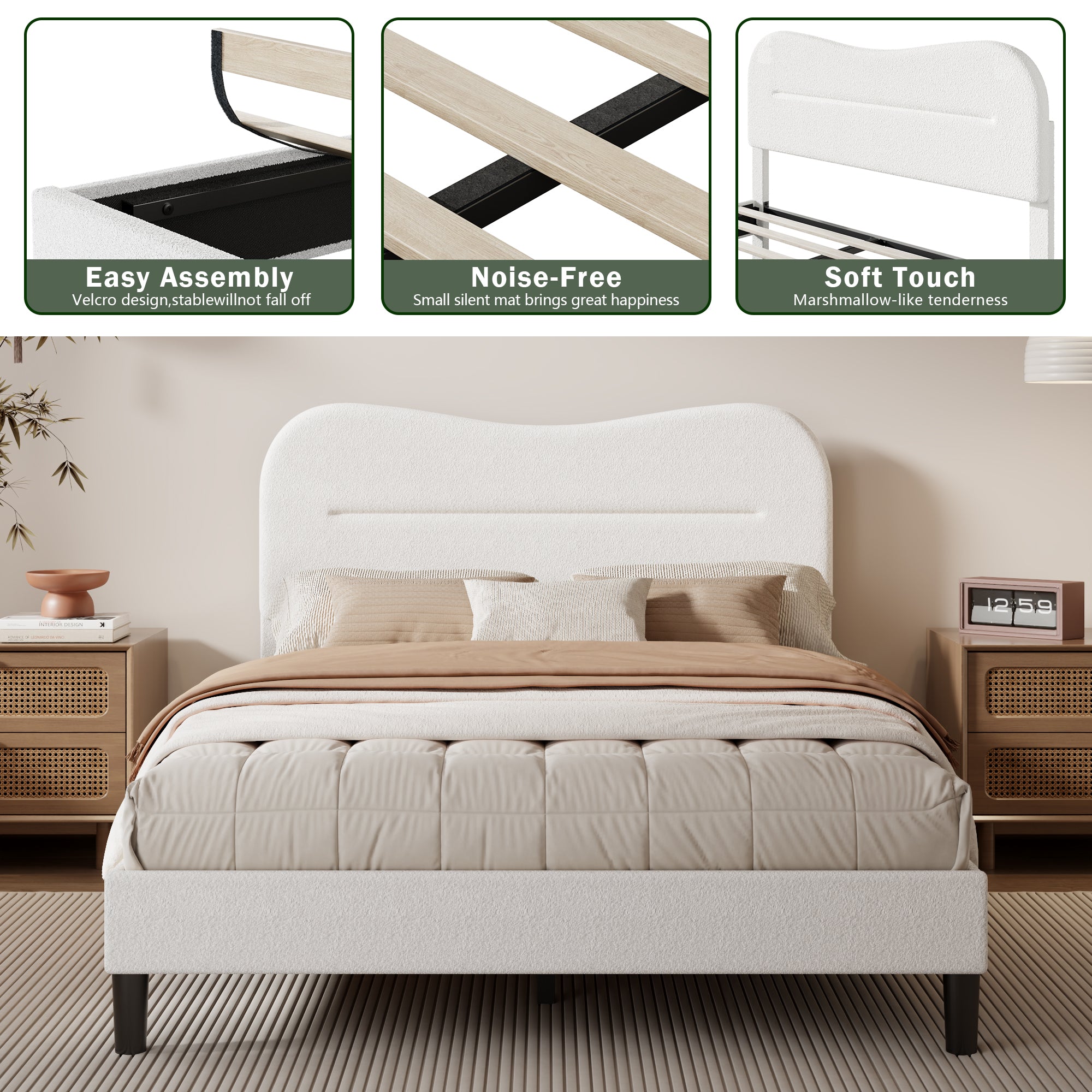 Full Size Bed Frame with Headboard, Teddy Soft Boucle Fabric Bed Frame Full Soft Cloud Marshmallow Shape Upholstered Headboard No Box Spring Needed