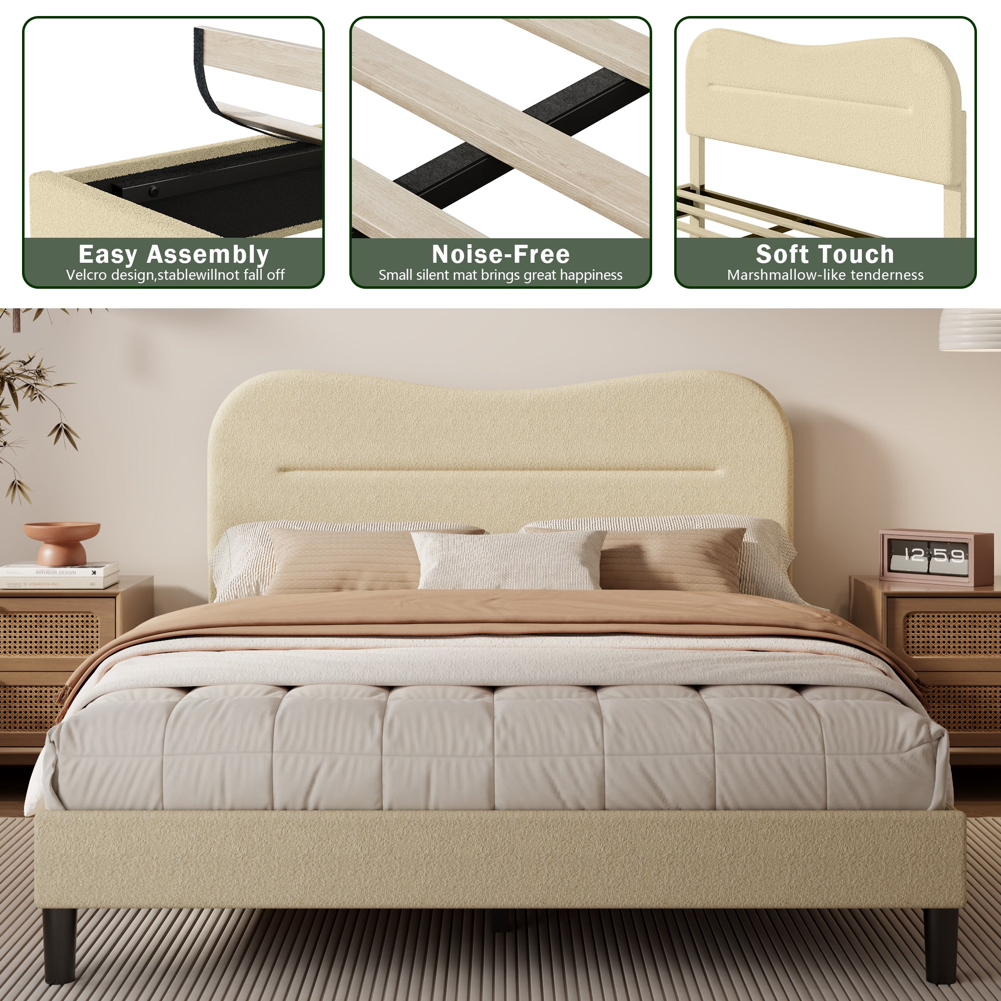 Queen Bed Frames Upholstered Queen Bed Frame with Arc Headboard Soft Modern Teddy Fleece Fabric Queen Size Boucle Bed Frame with  No Box Spring Needed