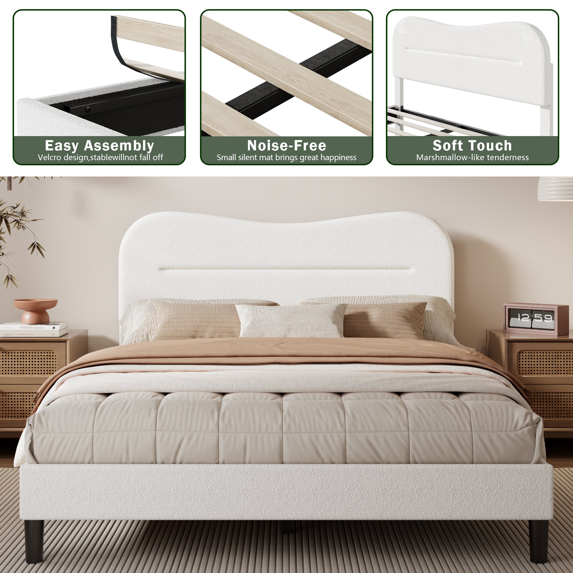 White Queen Size Upholstered Platform Bed Frame Teddy Boucle Soft Cloud Headboard Modern Marshmallow Design No Box Spring Needed Noise Free Support
