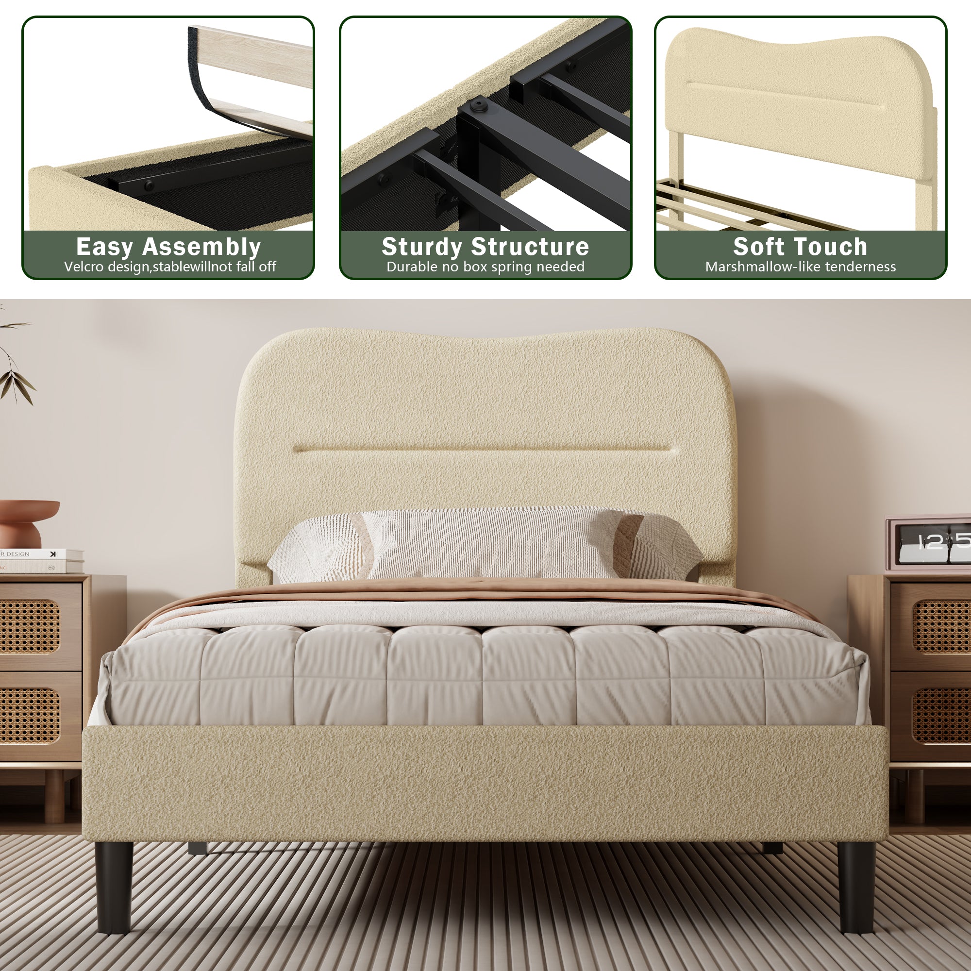 Bed Frame With Teddy Velvet Soft Curved Headboard Platform Bed With Wooden Slats Support Easy Assembly No Box Spring Needed  Noise-free