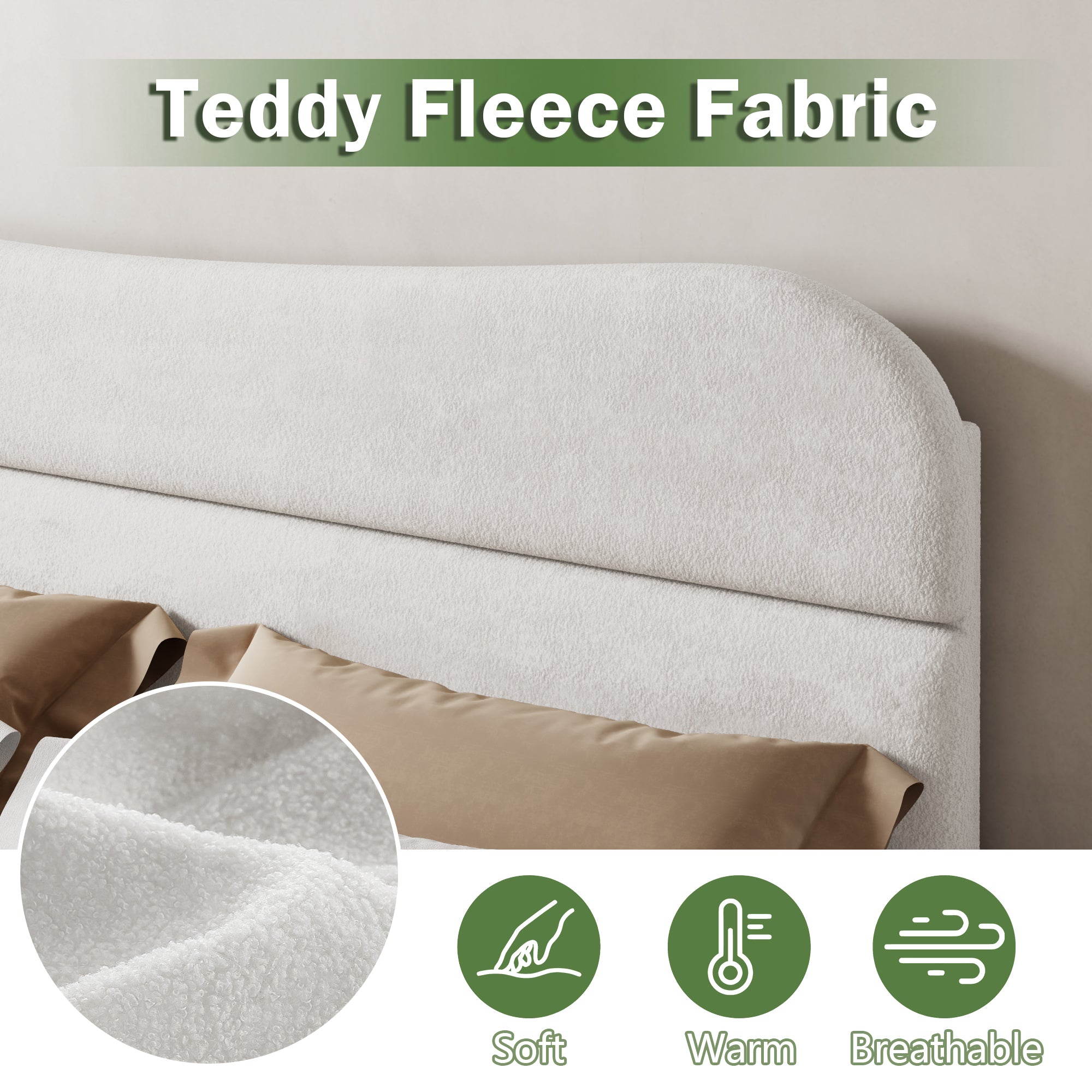 King Bed Frames Upholstered King Bed Frame with Arc Headboard Soft Modern Teddy Fleece Fabric King Size Boucle Bed Frame with  No Box Spring Needed