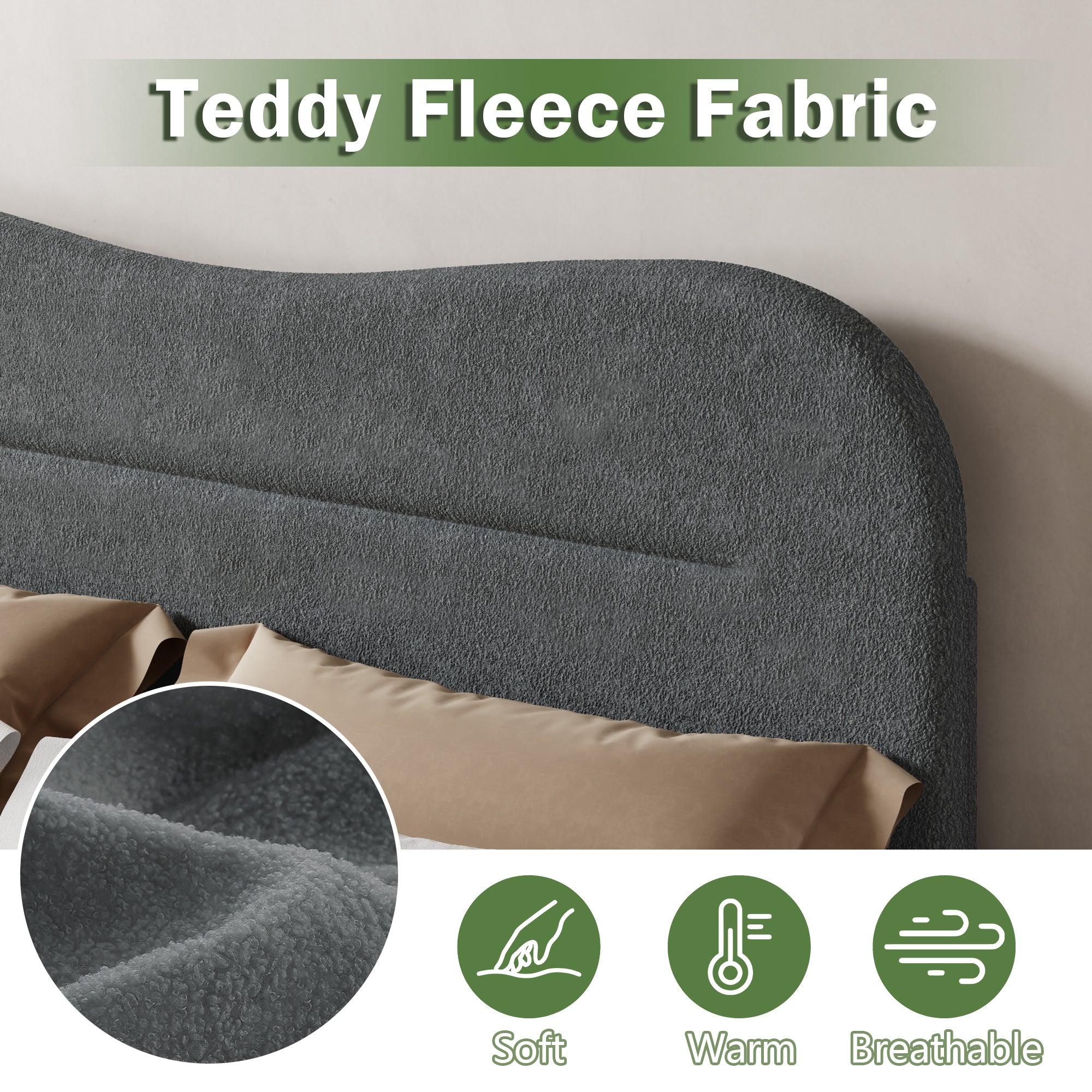 Queen Bed Frames Upholstered Queen Bed Frame with Arc Headboard Soft Modern Teddy Fleece Fabric Queen Size Boucle Bed Frame with  No Box Spring Needed