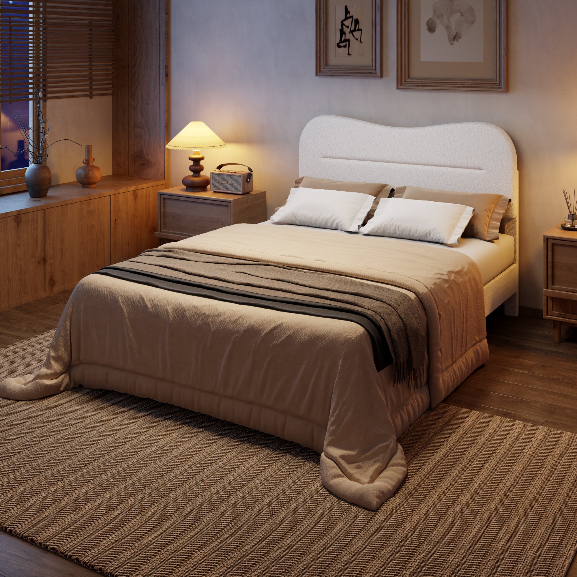 Full Bed Frames Upholstered Full Bed Frame with Arc Headboard Soft Modern Teddy Fleece Fabric Full Size Boucle Bed Frame with  No Box Spring Needed