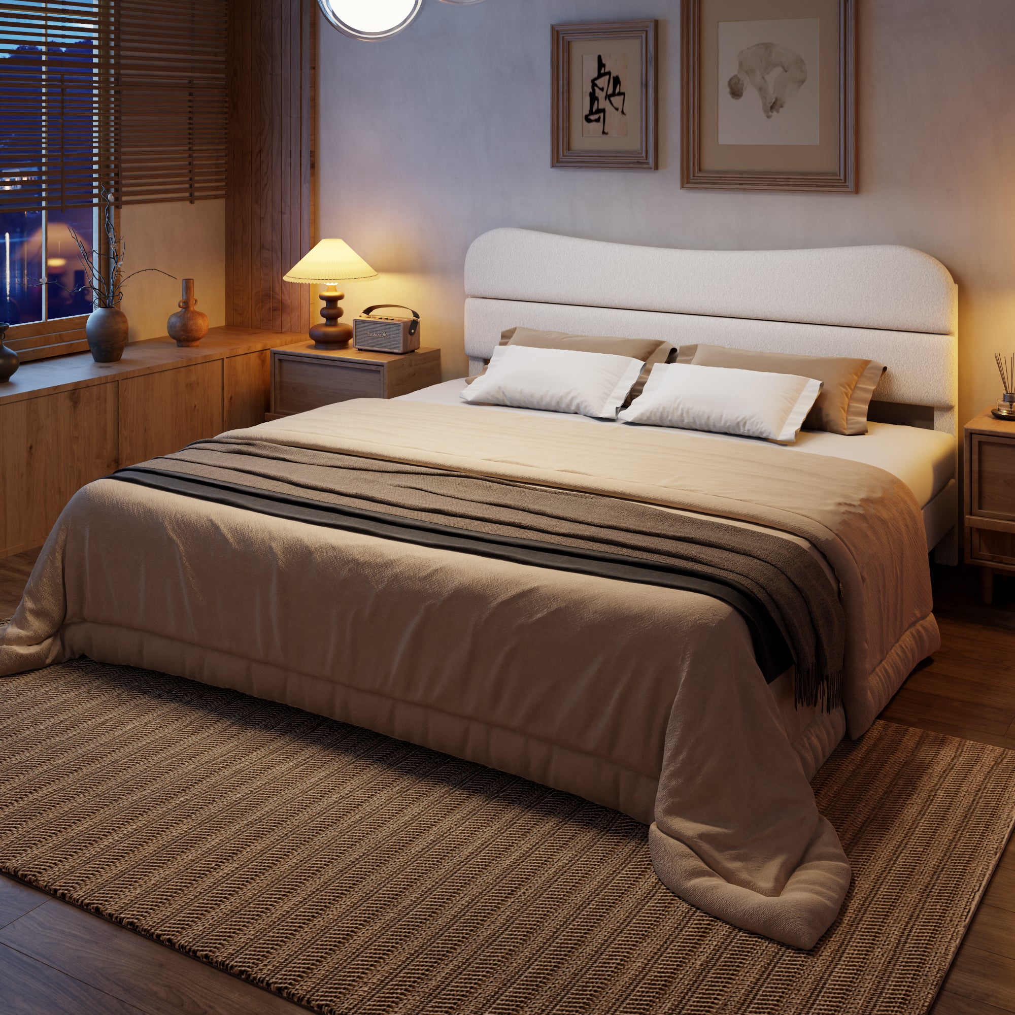 King Size Bed Frame Upholstered King Bed Frame and Headboard, Teddy Soft Boucle Fabric bedframe Soft Cloud Marshmallow Shape Upholstered Headboard