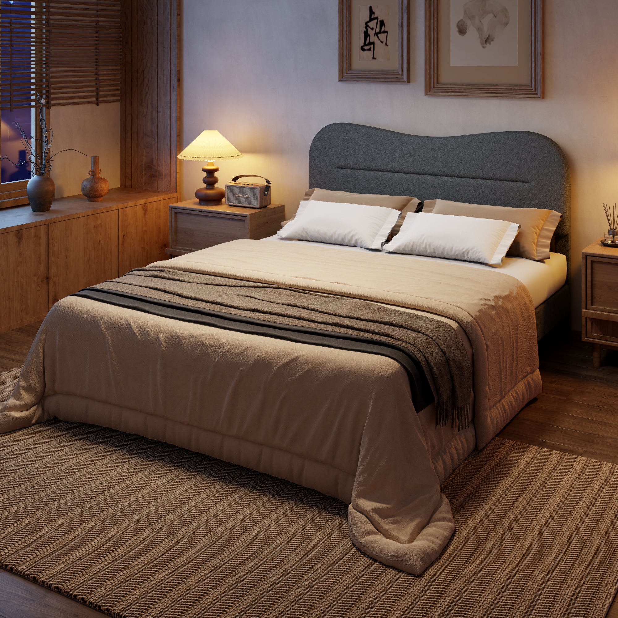 Queen Bed Frames Upholstered Queen Bed Frame with Arc Headboard Soft Modern Teddy Fleece Fabric Queen Size Boucle Bed Frame with  No Box Spring Needed