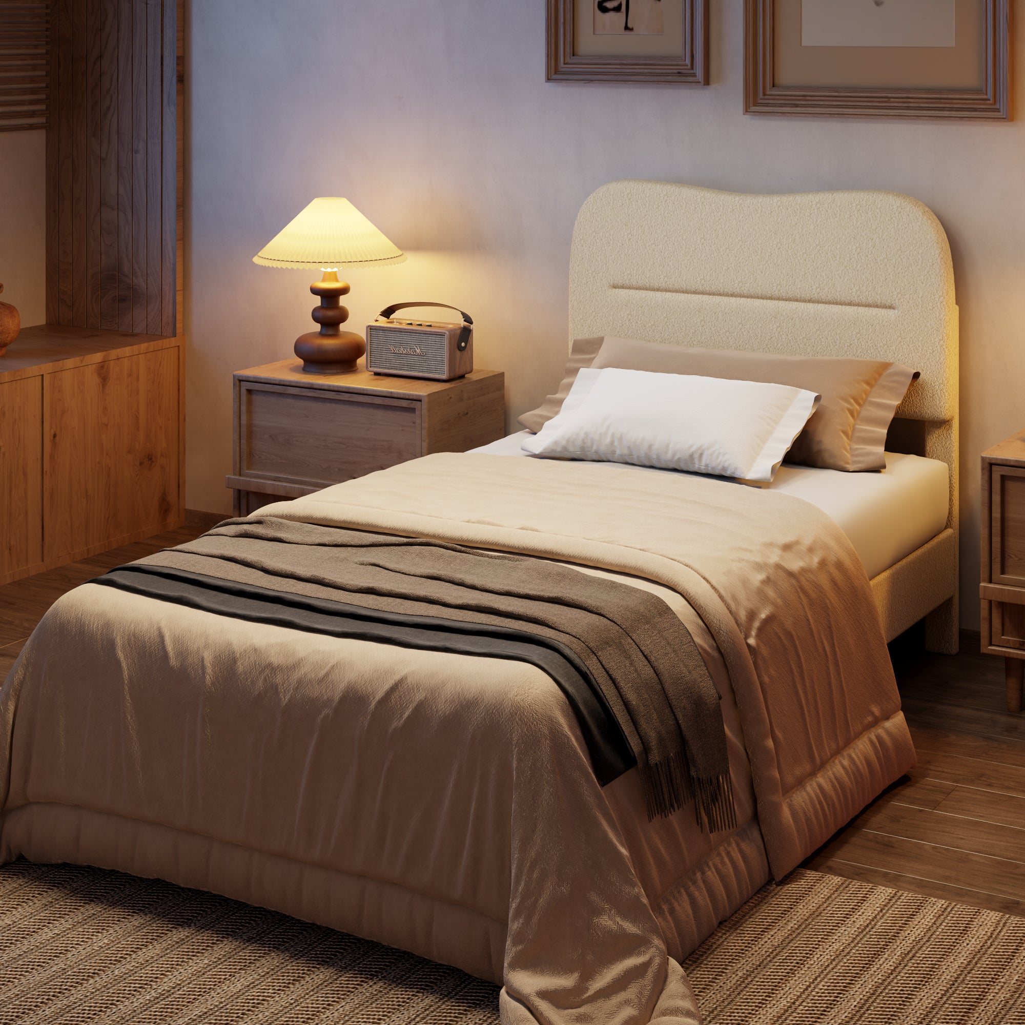 Twin Bed Frame With Teddy Velvet Soft Curved Headboard Platform Bed With Wooden Slats Support Easy Assembly No Box Spring Needed  Noise-free