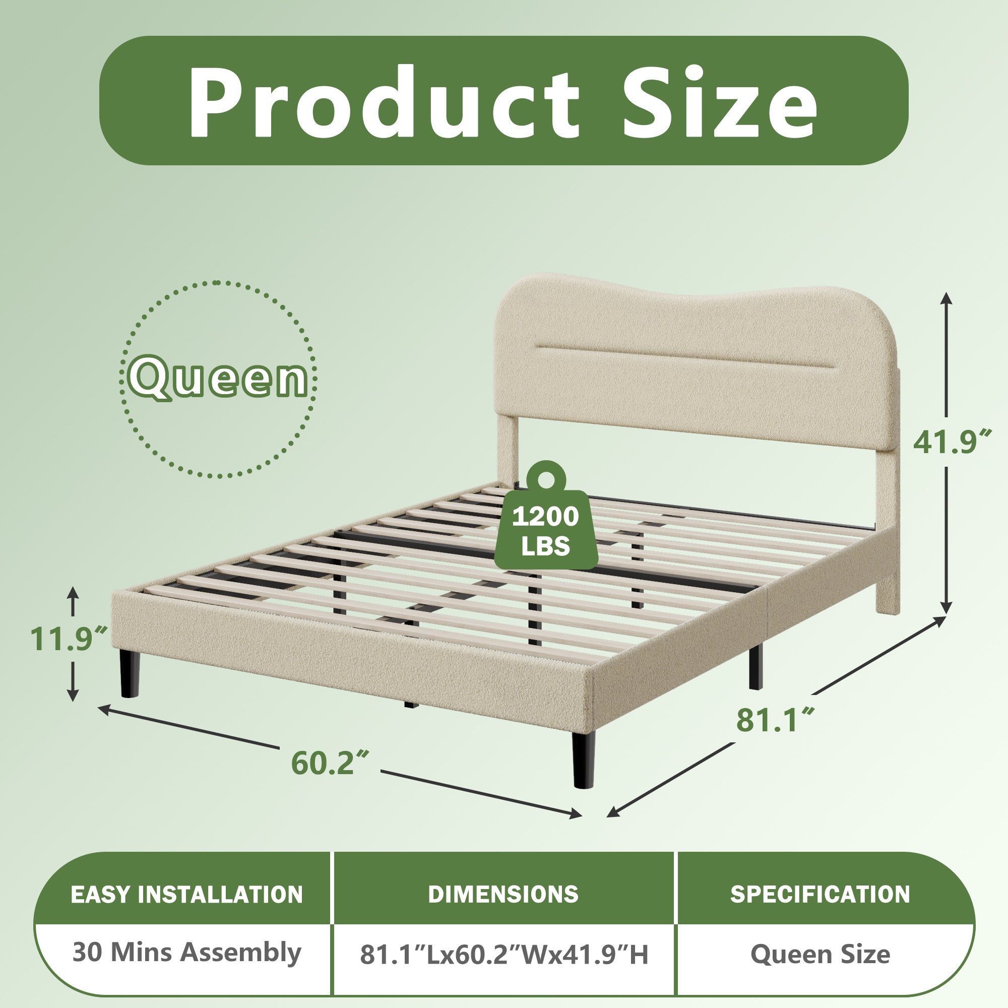 Queen Bed Frames Upholstered Queen Bed Frame with Arc Headboard Soft Modern Teddy Fleece Fabric Queen Size Boucle Bed Frame with  No Box Spring Needed