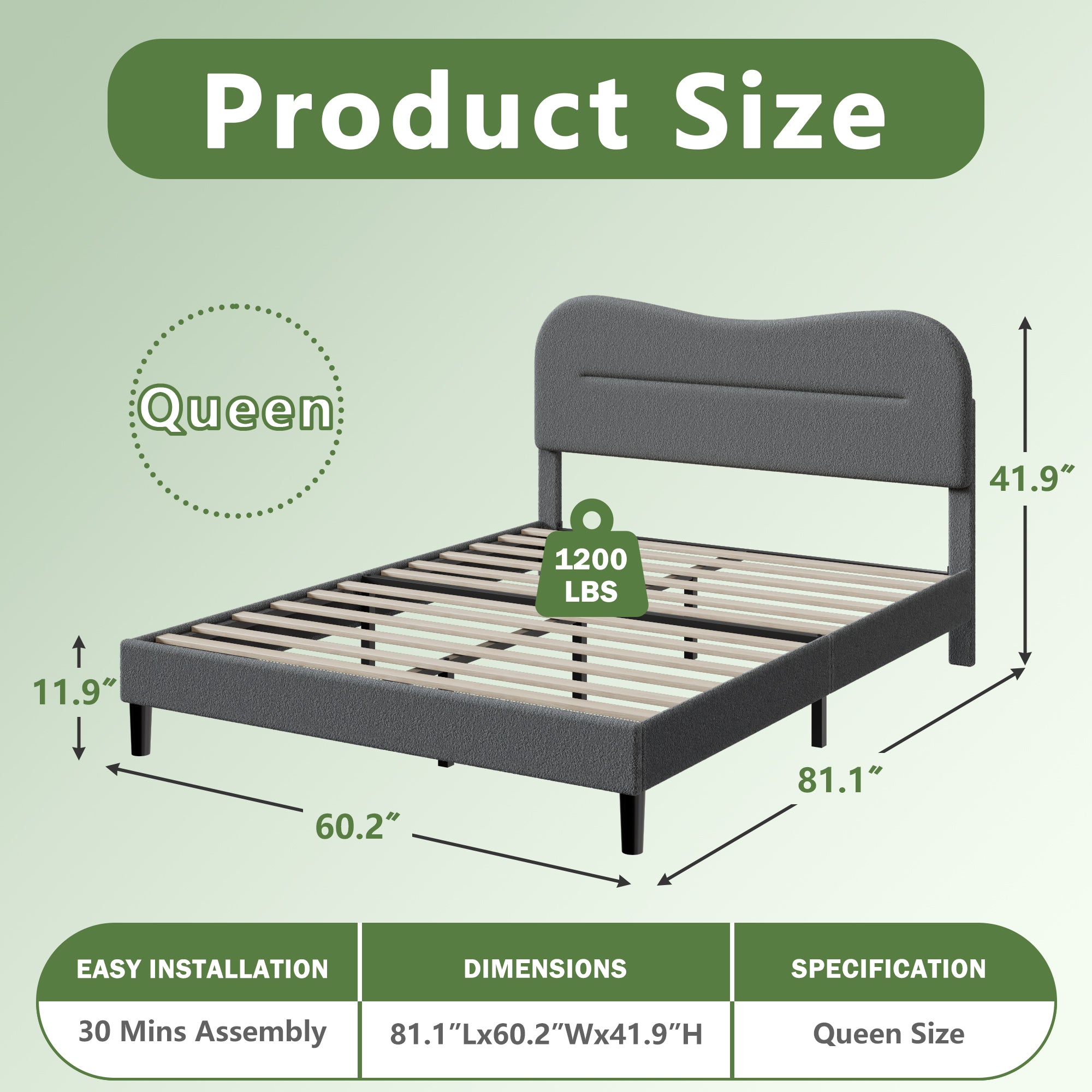 Queen Bed Frames Upholstered Queen Bed Frame with Arc Headboard Soft Modern Teddy Fleece Fabric Queen Size Boucle Bed Frame with  No Box Spring Needed