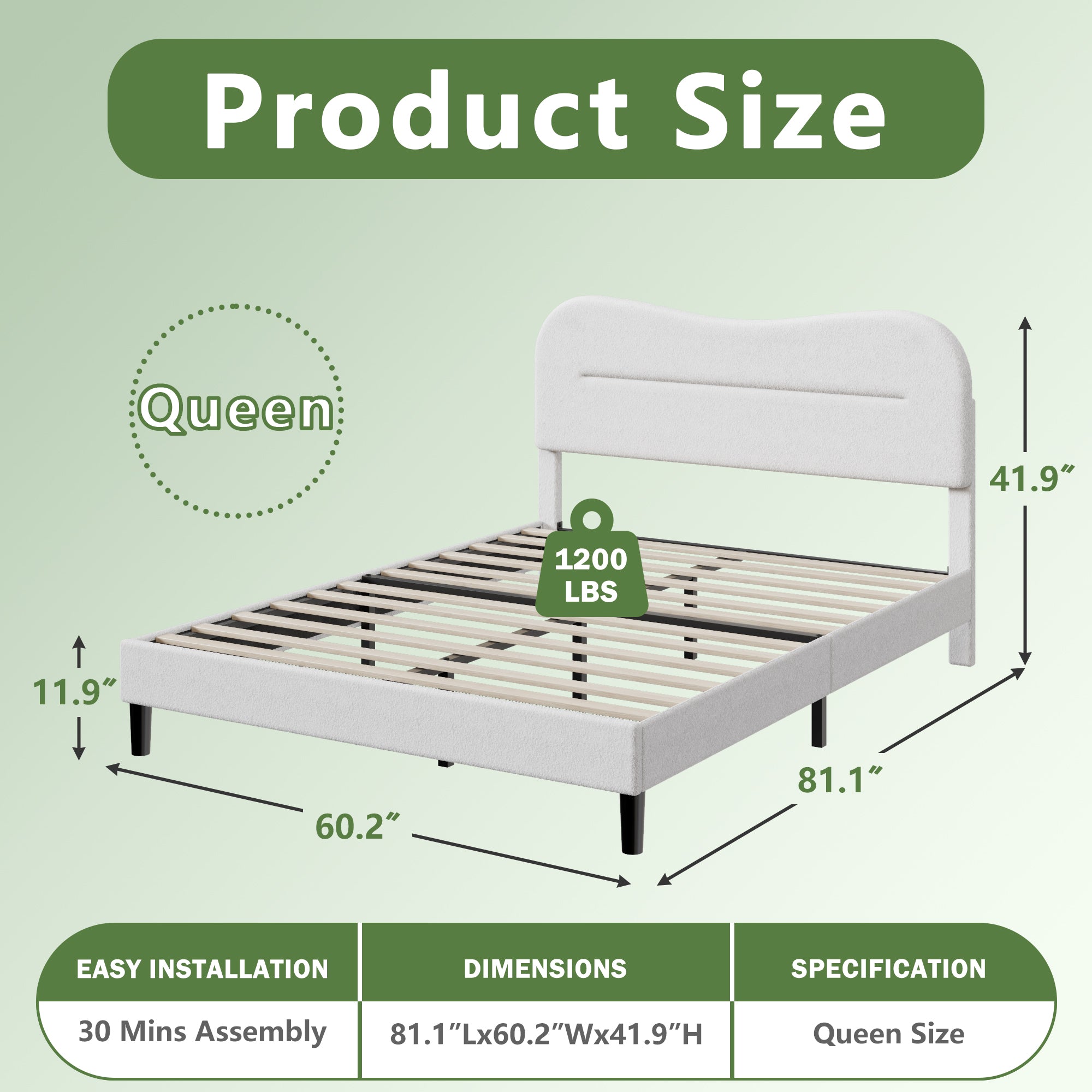 Queen Bed Frames Upholstered Queen Bed Frame with Arc Headboard Soft Modern Teddy Fleece Fabric Queen Size Boucle Bed Frame with No Box Spring Needed