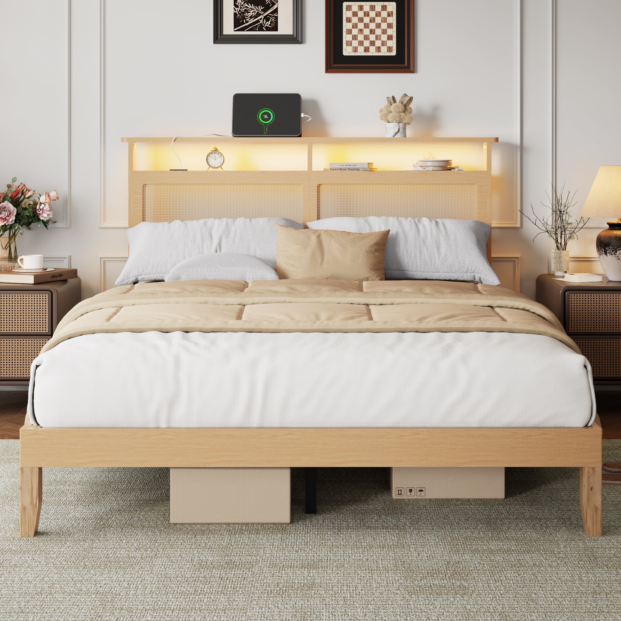 Boho Rattan Queen Bed Frame Natural Wood with LED Lights Charging Station Storage Headboard Platform Bed No Box Spring Modern Bedroom